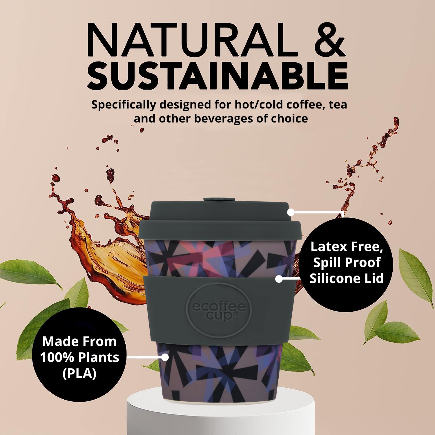 Ecoffee Cup 8oz 240ml Reusable Eco-Friendly 100% Plant Based Coffee Cup with Silicone Lid & Sleeve - Image 4
