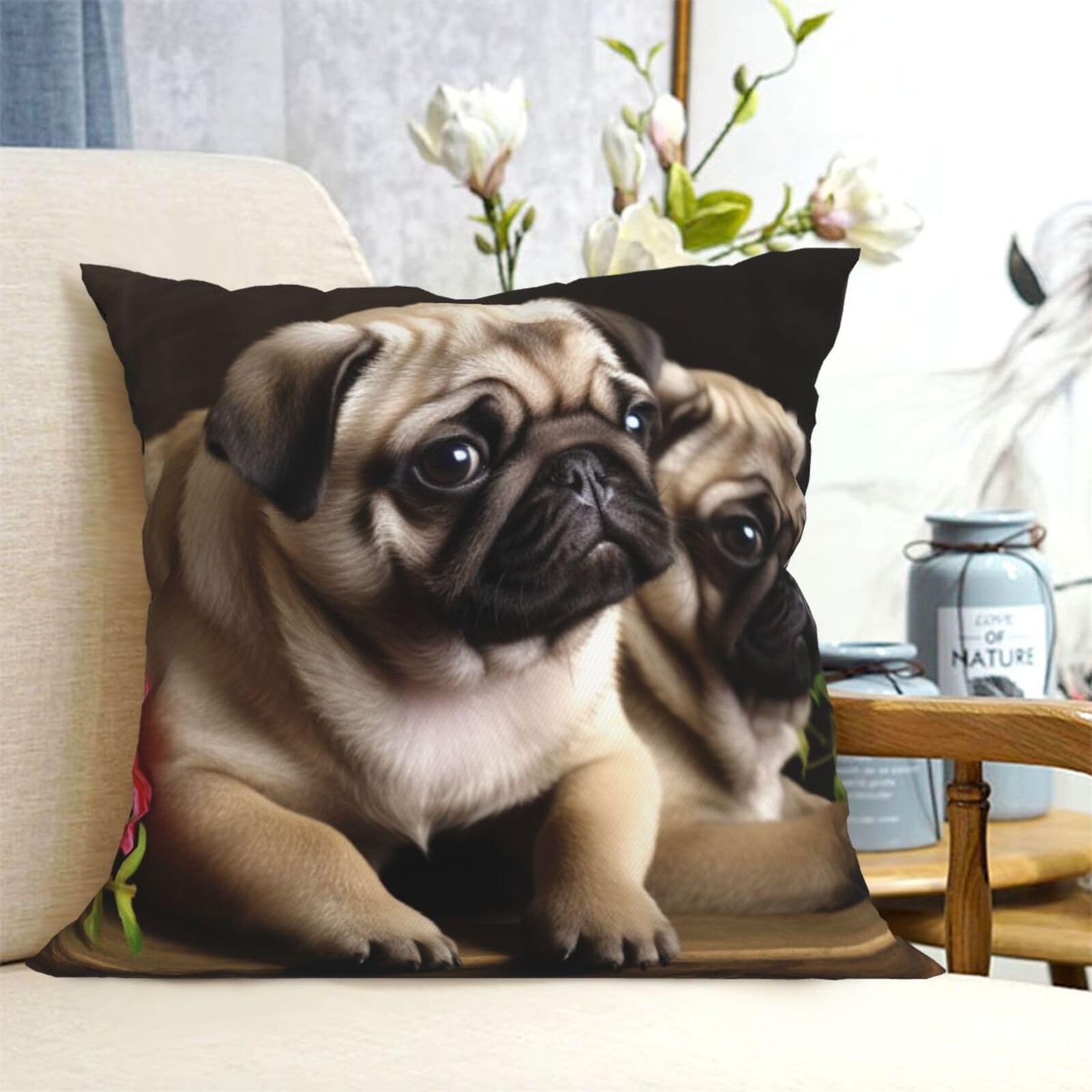 Fodpand Black Decorative Throw Pillow Covers 18"X18" Puppys Pug Cushion Cases Square Modern Farmhouse Pillow Cases Soft Cozy Cushion Covers For Couch Sofa Bedroom Home Decor Pillowcase