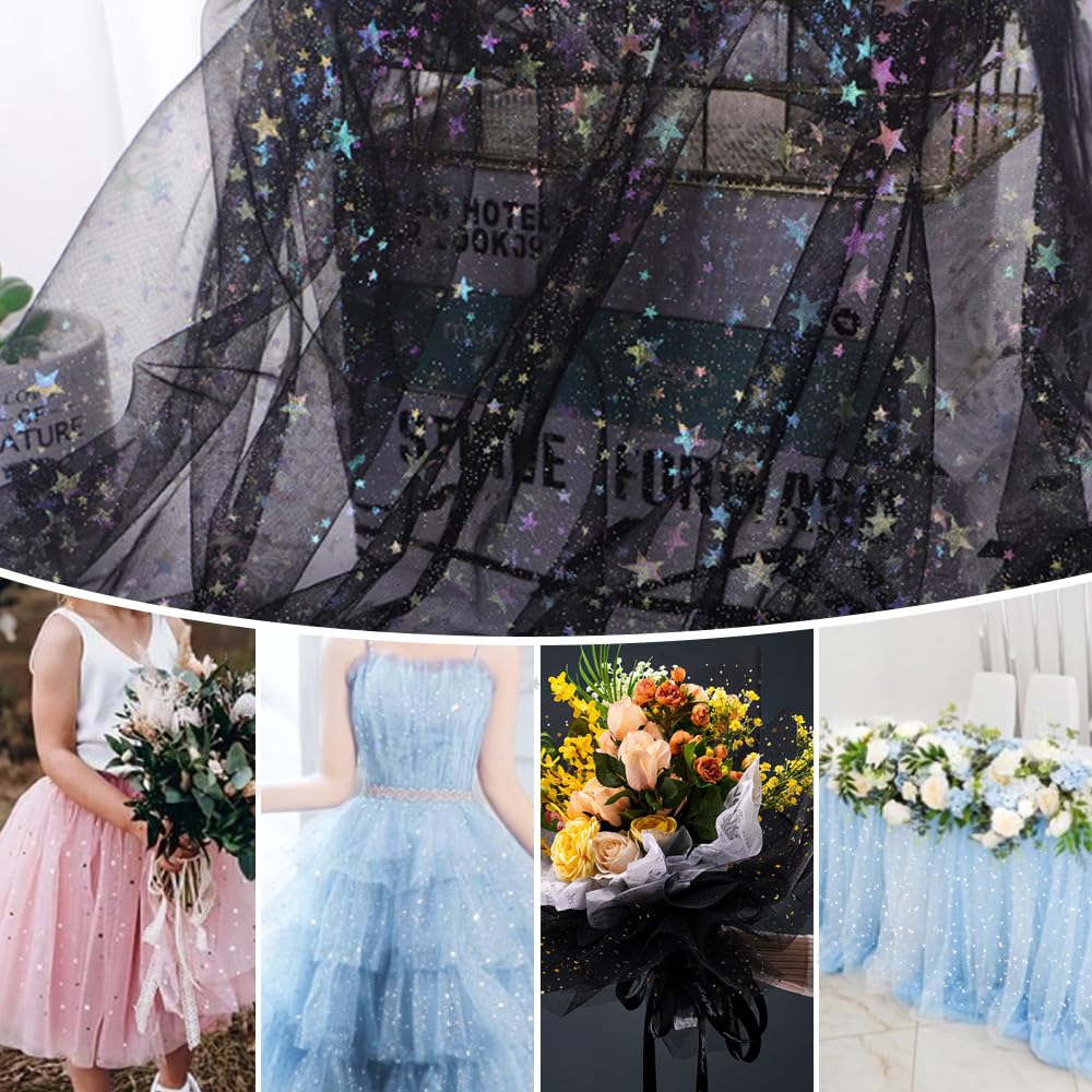 Tul Negro Por Metros Hrlace Tela De Tul De 2 M, 150 Cm De Ancho, Tul Con Purpurina, Tela Decorativa, Estrella, Luna, Lentejuelas, Tul, Cinta De Tul, Hilo Brillante, Decoración Para Manualidades