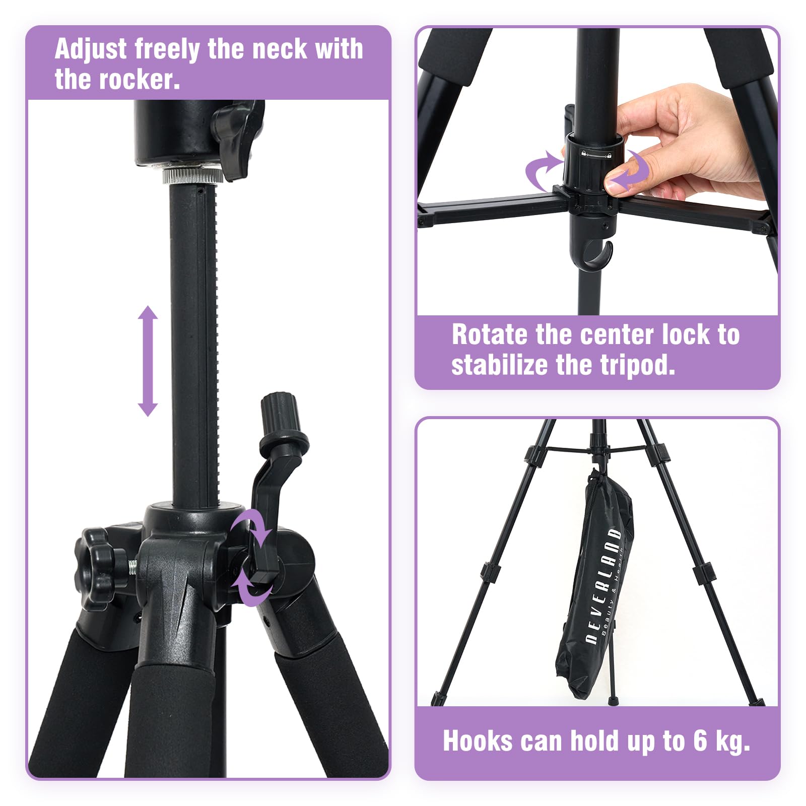 Supporto per parrucca da 52" (132cm), con base antiscivolo, supporto per parrucca regolabile ad alta resistenza, con ganci, per manicomio, con set di pin, per parrucca, pettine per capelli