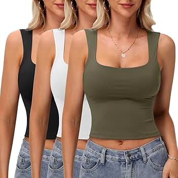Skicuff 3 Pack Women's Square Neck Tank Tops Double Layer Slim Fit