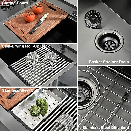 Miniatura 7 de Fregadero de cocina de 33 pulgadas con protección contra salpicaduras, estación de trabajo en cascada, color negro, delantal frontal de cocina Sik