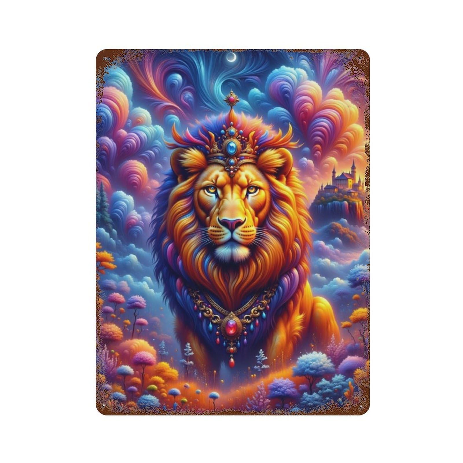 Rust Effect Magical Lion Fantasy Artwork Rustic Tin Plaque 15.7"x11.8", Classic Wall Plaque for Shed, Workshop And Garage Wall Decor