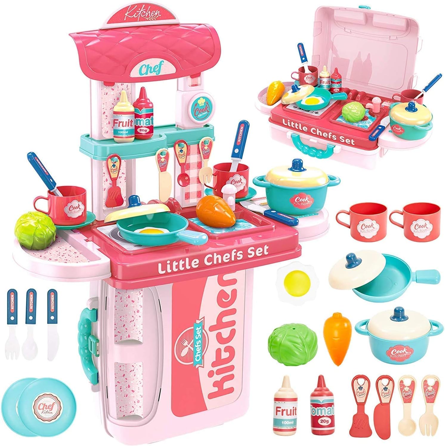 Plastic 3 in 1 Portable Pretend Food Party Role Cooking Kitchen Play Set Toy for Boys and Girls