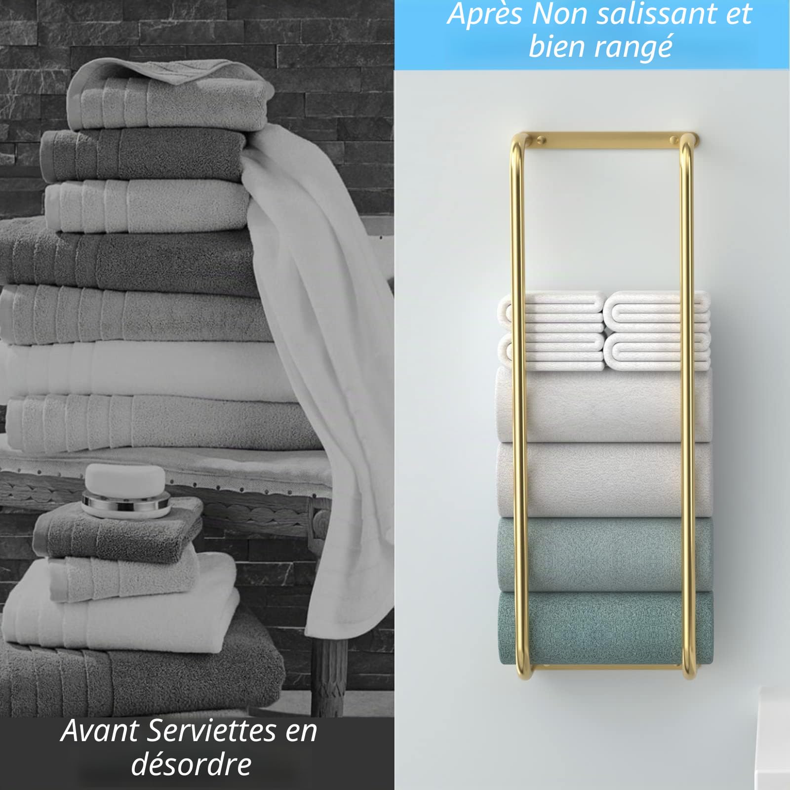 Porte-Serviettes Mural pour Salle de Bain, Rangement pour Serviettes de Bain roulées, Organiseur de Salle de Bain – Or brossé