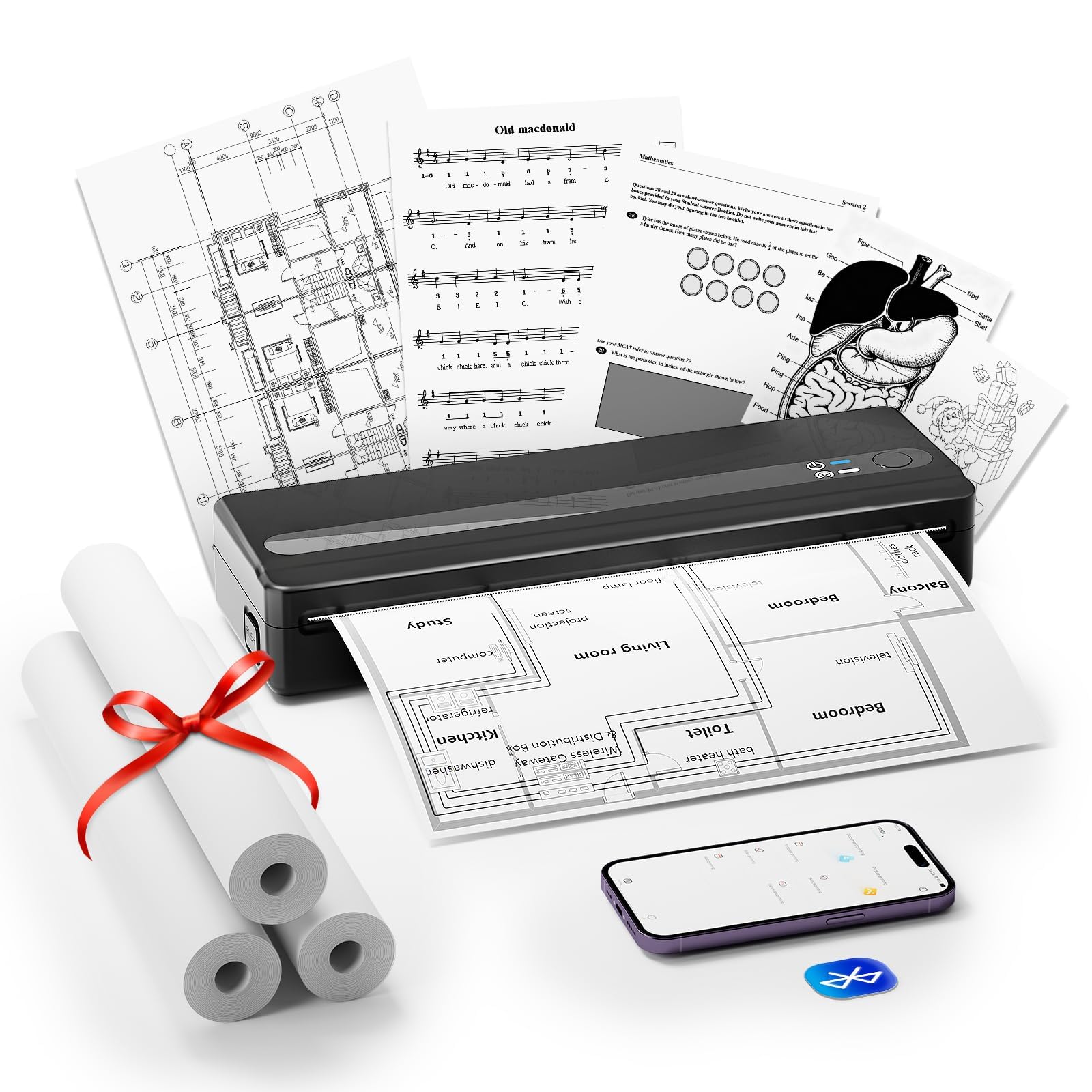 Stampante termica A4 Bluetooth senza inchiostro, 3 rotoli di carta inclusi(Printer+3Rolls Paper)