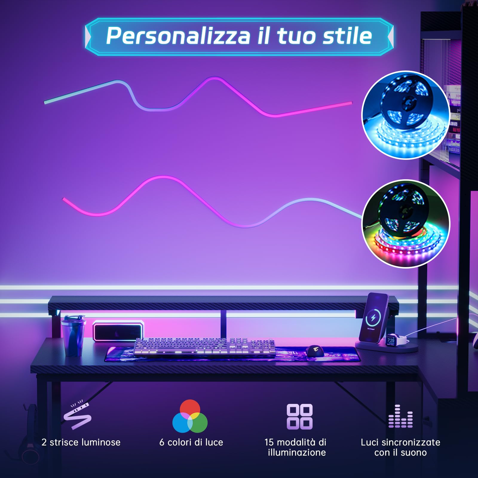 Devoko Scrivania Gaming Angolare 115x90 cm LED/Presa Nero | Struttura a L con mensola, griglia, 3 cassetti e supporto monitor per giocatori
