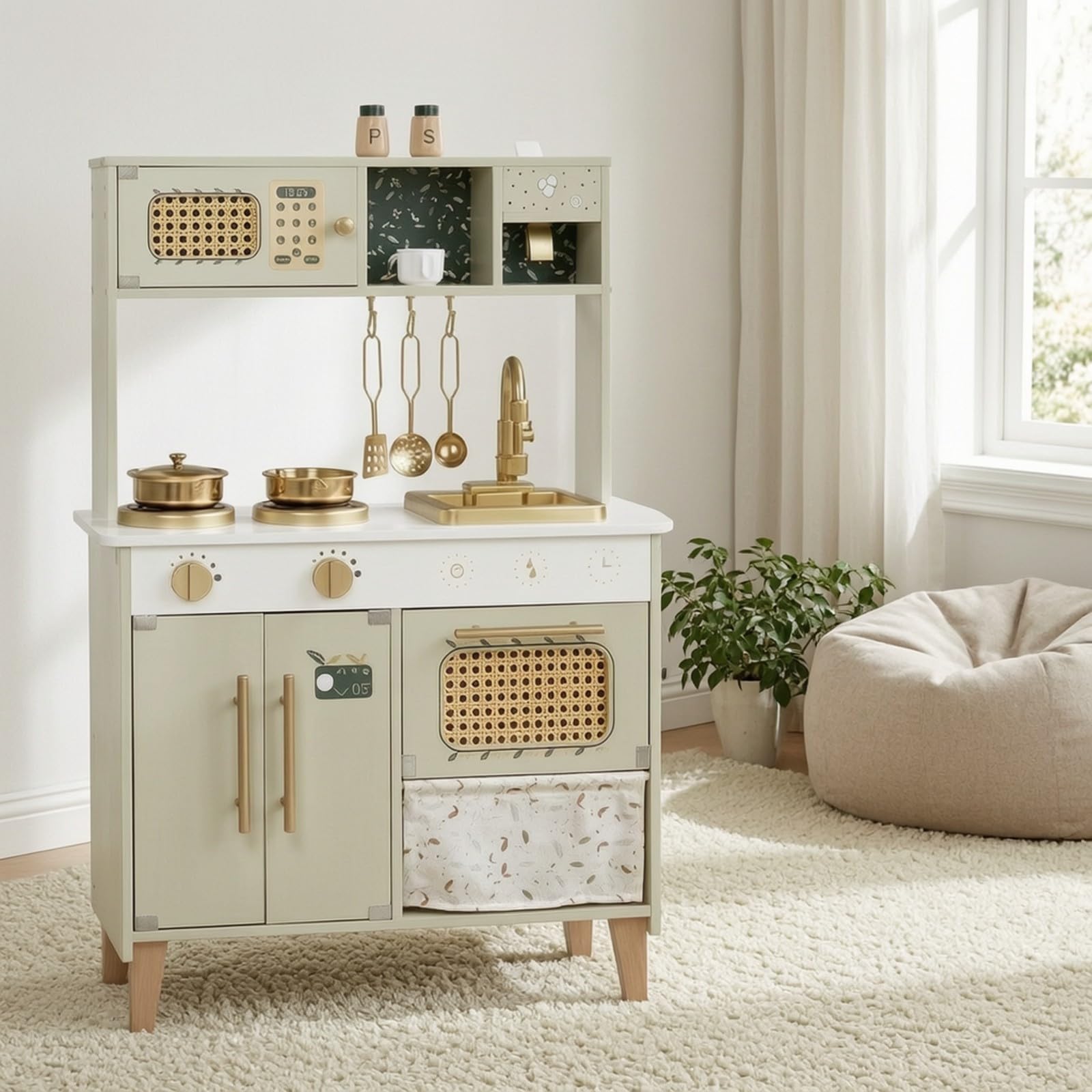 Cucinotta in Legno per Bambini Robusta Resistente, Giocattolo con Accessori, Scandinavo, in Legno, per Cameretta, stanza giochi, Asilo