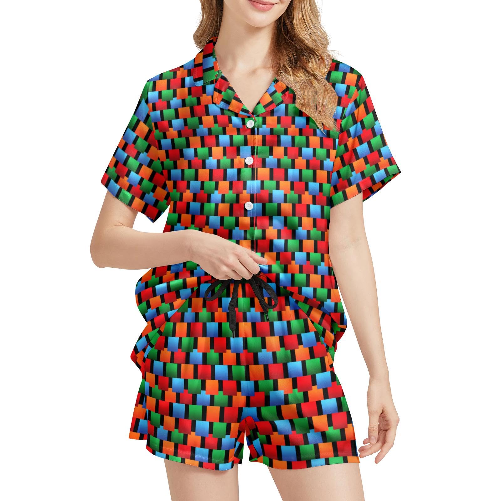 Funny Pajamas for Women Set Print Satin Loungewear Pjs Short Sleeve Button Down Top and Shorts Sets Sleepwear XS-3XL
