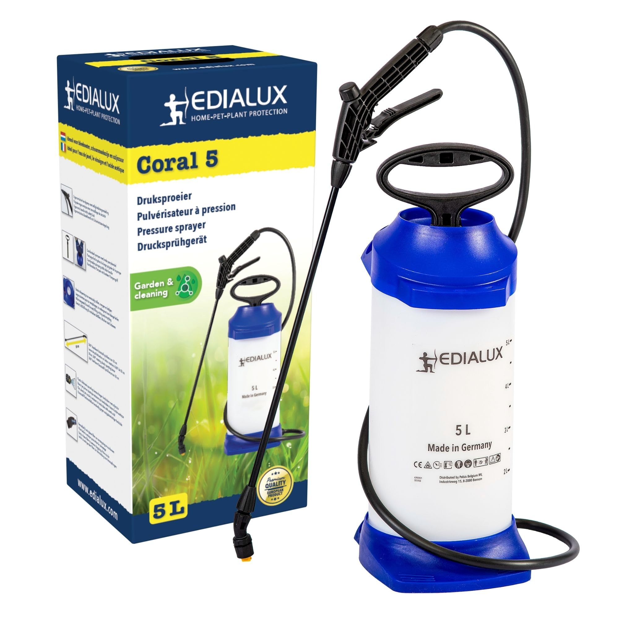 Edialux Drucksprüher 5L rückenspritze für gartenpflege und Reinigung, manuelles sprühgerät chemikalienbeständig universalsprüher für pflanzenschutz unkrautbekämpfung und mehr