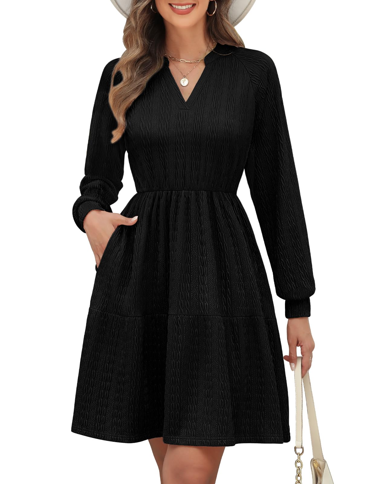 PASUDA Kleid Damen Elegant Langarm Ärmel V-Ausschnitt Kleider Casual Damen Kurze Freizeitkleider Frühling Herbst Herbstkleid Knielang Kurzkleid Minikleid Bequem A Linien mit Taschen