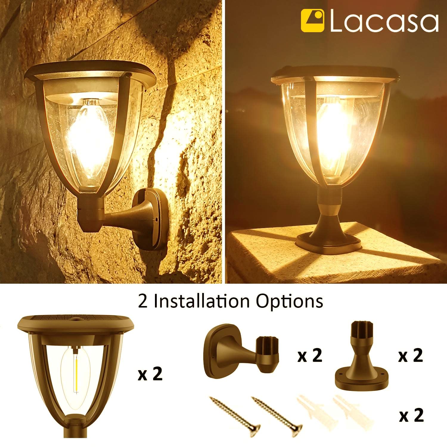 Lacasa Luce Solare LED Esterno, Lampada Solare 【2 Pezzi Versione Potente】 IP65 Impermeabile 2 Modalità di Lavoro Lampade da Parete Portico per Esterni Luci Solari per Giardino, Bianco Caldo 2700K