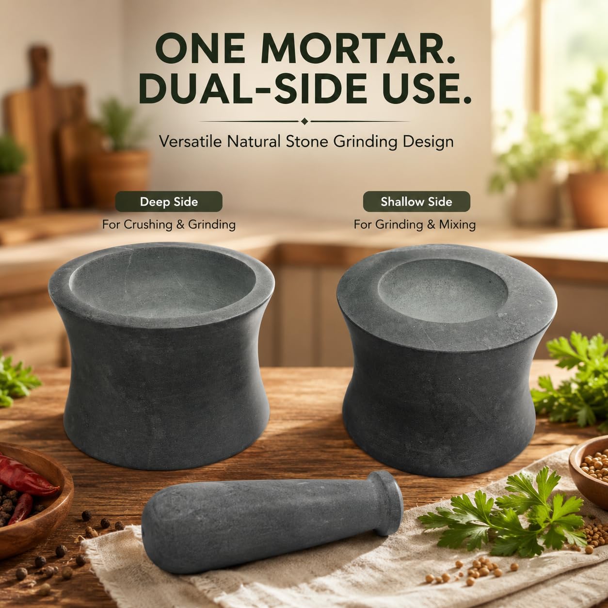 Mörser und Stößel, hergestellt aus robustem, poliertem Hartstein, Natursteinmahlwerk für Gewürze, Pasten, Kräuter, Würzmittel usw. (Dual Side Classic)