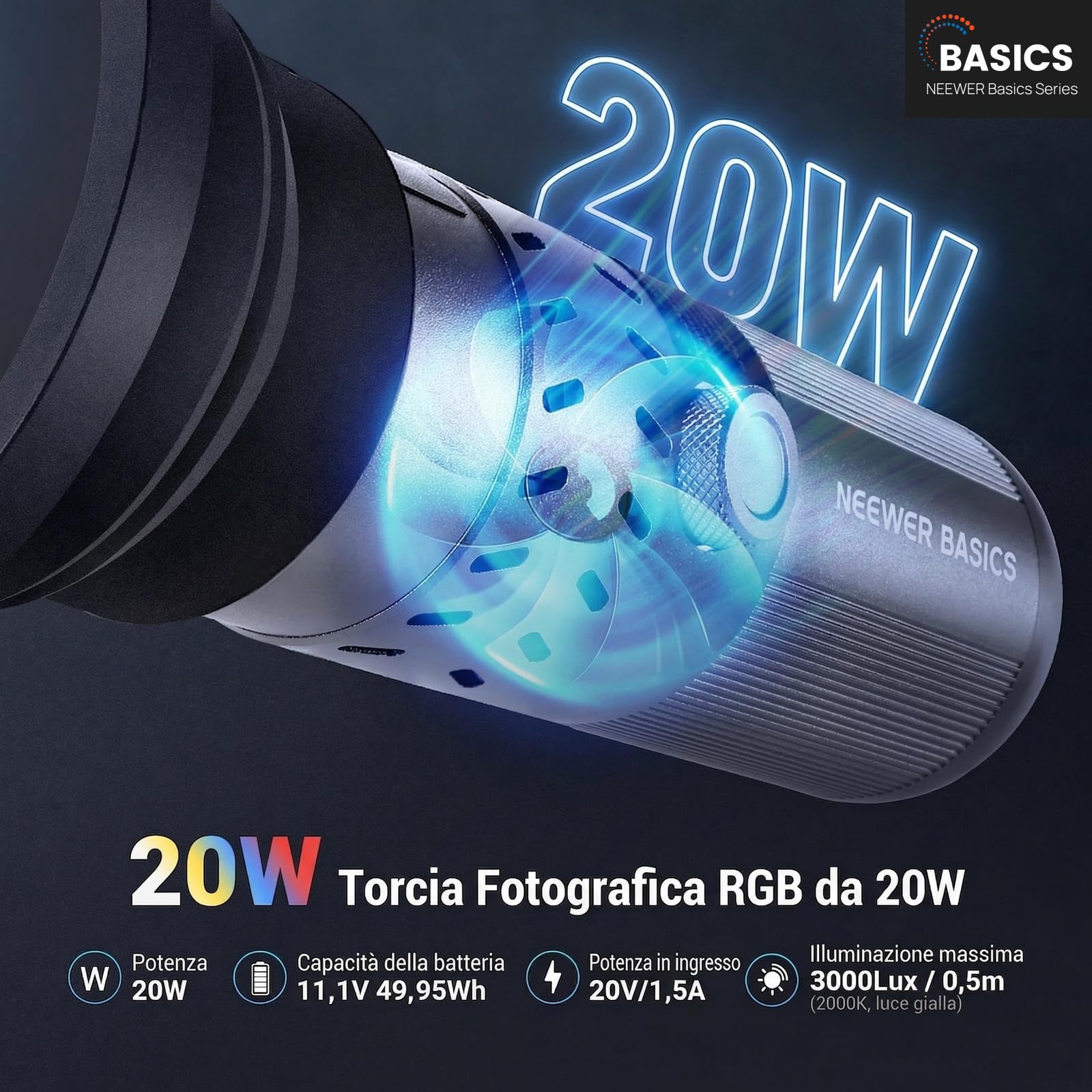 NEEWER BASICS Torcia Fotografica RGB da 20W con 4 Colori | 20 Filtri Gobo, Batteria Integrata da 49,95Wh, 6300K CRI95+ Faretto LED Portatile Luce Ambientale Tramonto per Video, FL20