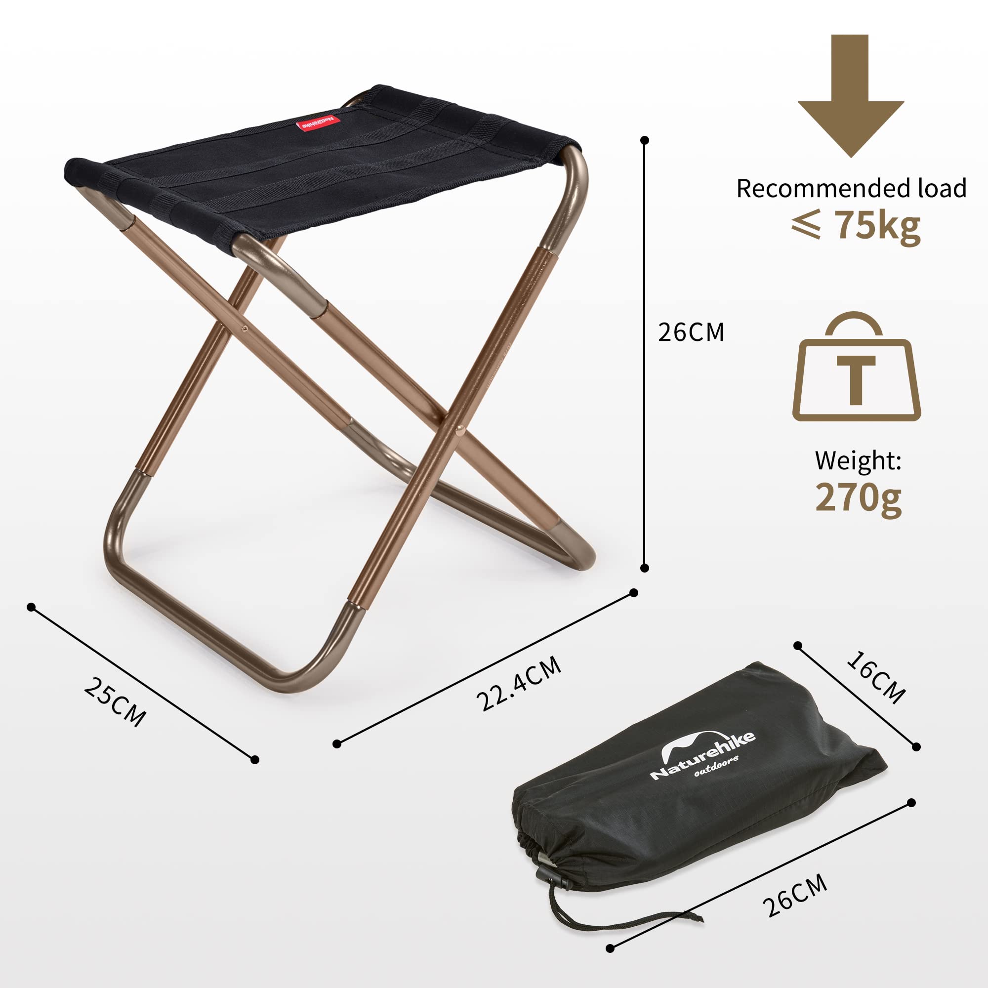 Naturehike Campinghocker Camping Hocker Klapphocker Faltbar Tragbarer Mini Klapphocker für Angeln Picknick Outdoor (Schwarz)