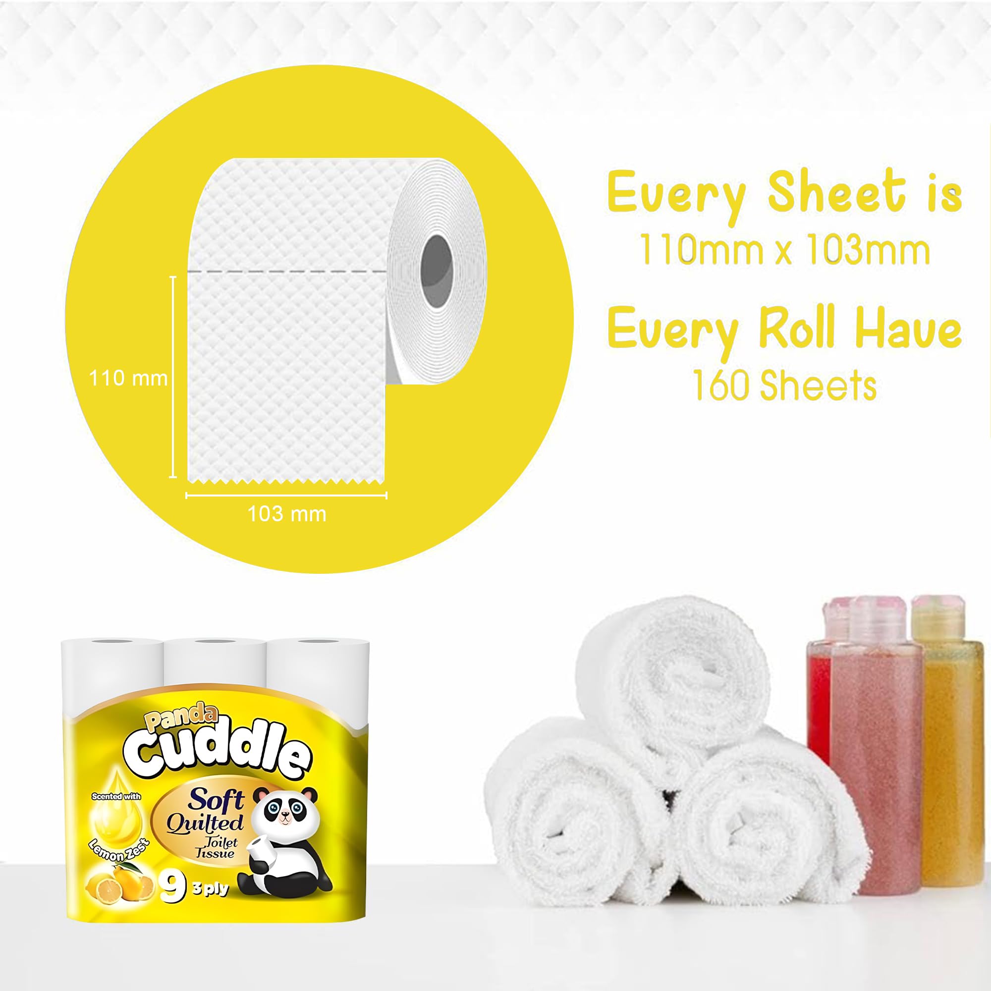 Panda Cuddle 3-warstwowe rolki papieru toaletowego - miękki, pikowany, wytłaczany papier loo z aloesu, o zapachu cytryny i bezzapachowy, luzem, kup chusteczki toaletowe dla higieny i komfortu