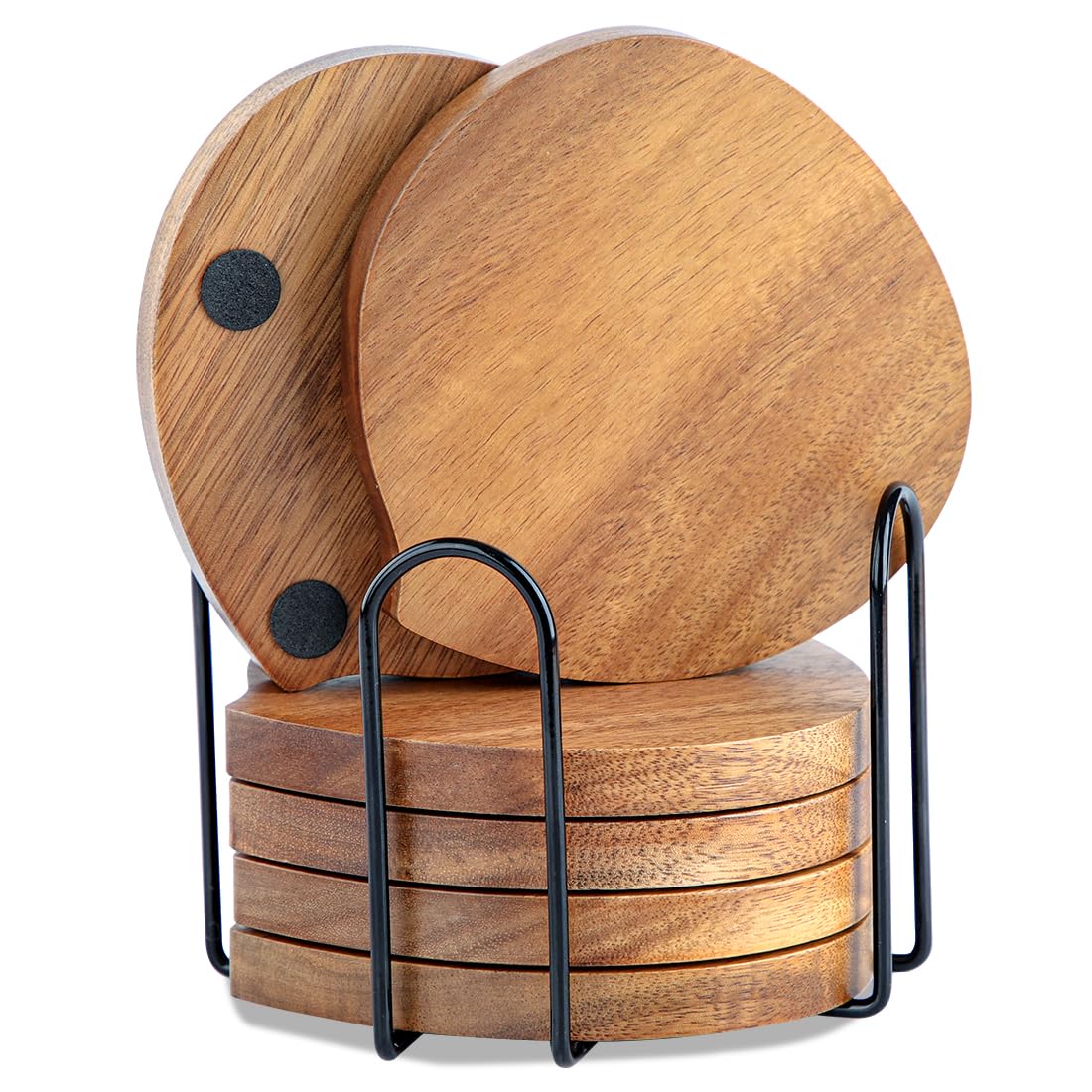 WLWNWFT Acacia Wood Coasters Set of 6 with Holder, Peach-Shaped Wooden Coasters for Glasses Drinkings Coffee Table Desk with Non-Slip Pad Cup Coasters for Home Christmas Decor