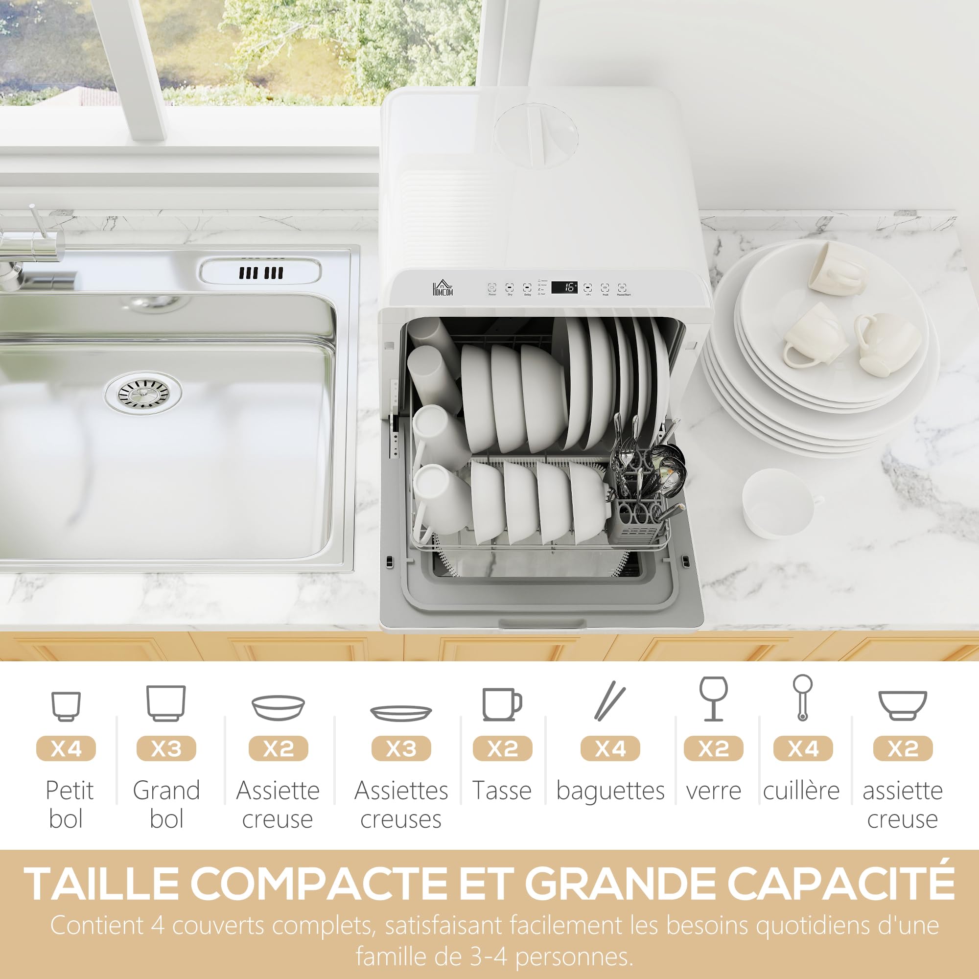 HOMCOM Mini lavavajillas 4 cubiertos, lavavajillas de mesa, 5 programas, doble suministro de agua, lavado de frutas, tanque de agua 6L, control táctil, pantalla LED, inicio retrasado, blanco