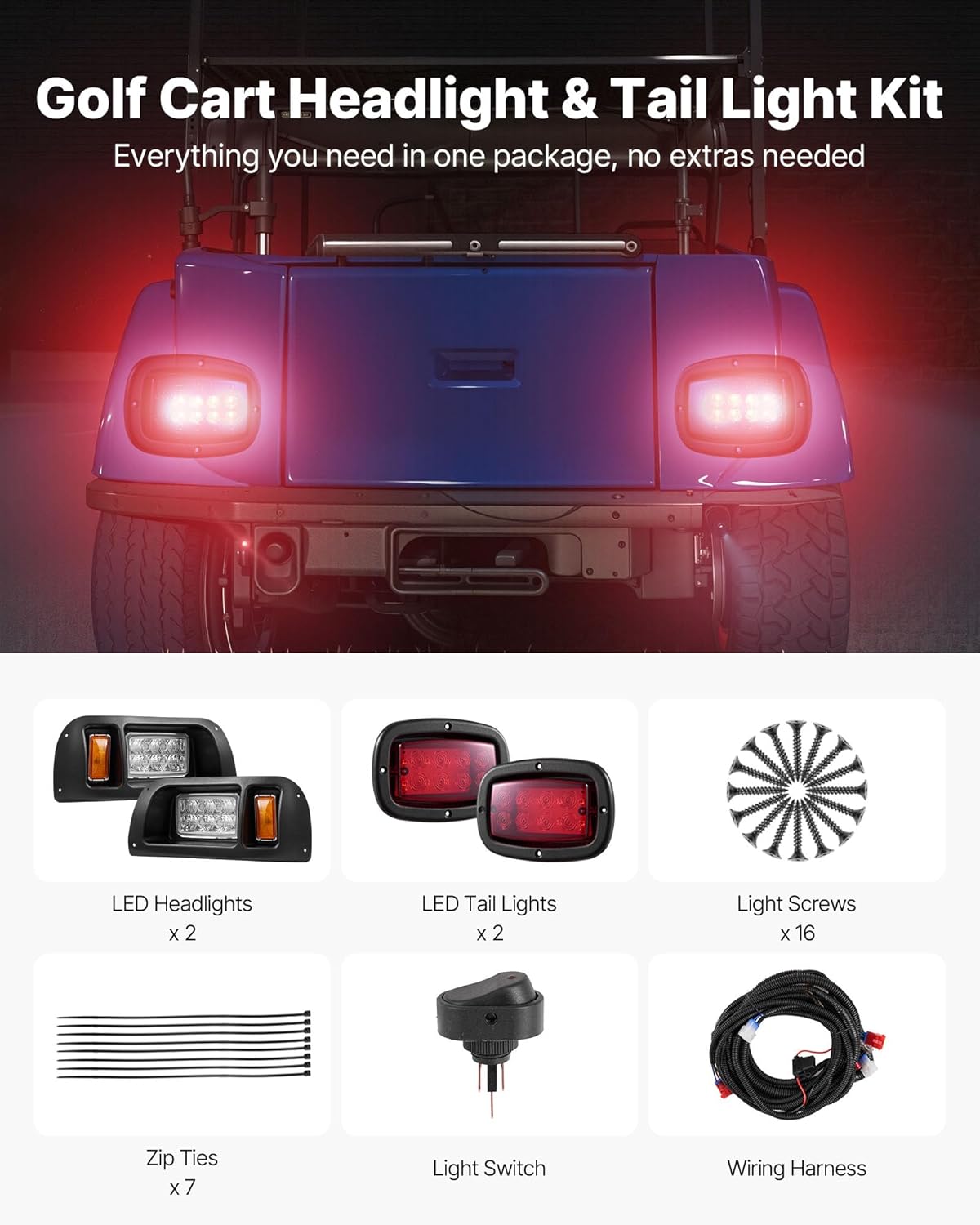 VEVOR Golf Cart Light Kit, 12 Volt, LED Headlight and Tail Light Kit with Wiring Harness, Switch, Zip Ties, ABS Housing, High-Brightness, Waterproof and Dustproof, Fit for EZGO TXT 1996-2013 Models