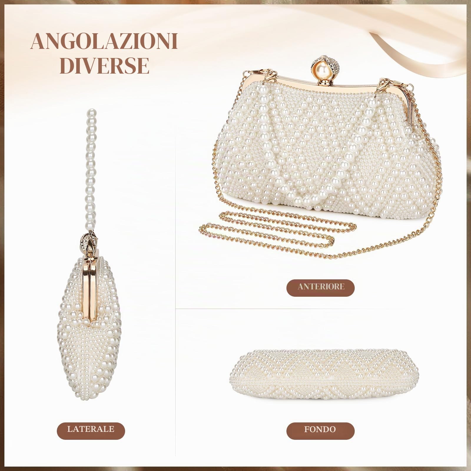 BAIGIO Pochette Donna Elegante, Clutch Donna Cerimonia, Borsetta da Sera, Borsa a Tracolla Catena, Borsa Piccola in Perla per Matrimonio Party Sposa Cocktail Festa, Nero/Bianco
