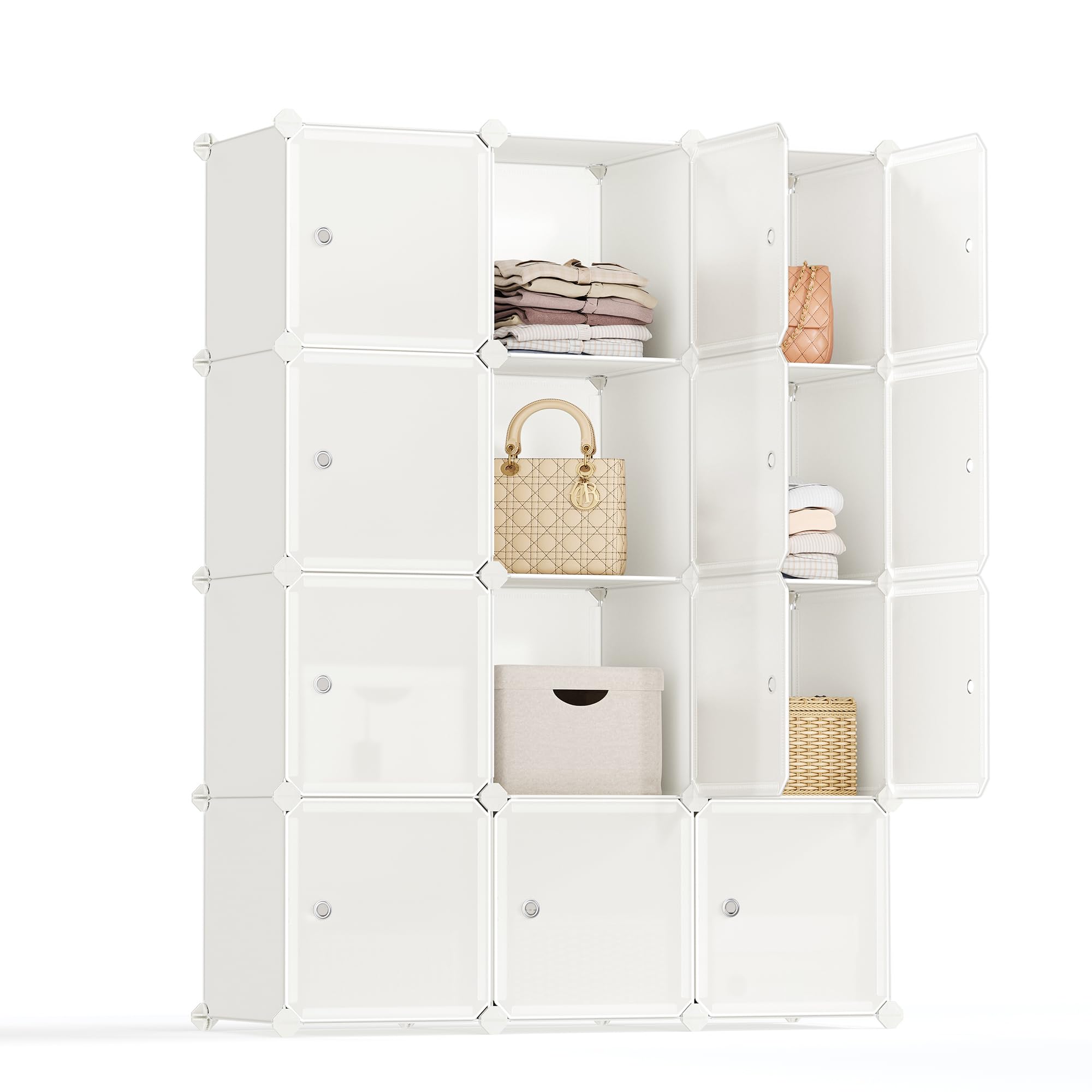 SONGMICS Cube Storage Organizer, Set of 12 Plastic Cubes, Closet Storage Shelves, DIY Plastic Closet Cabinet, Modular Bookcase, Shelving with Doors for Bedroom, Living Room, Cream White ULPC