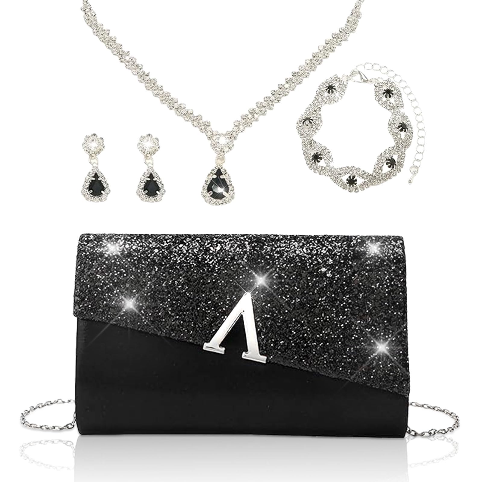 YYW 4 Pieces Women Evening Handbags Clutch Purse Bag with Rhinestone Crystal Jewelry Set for Wedding Party