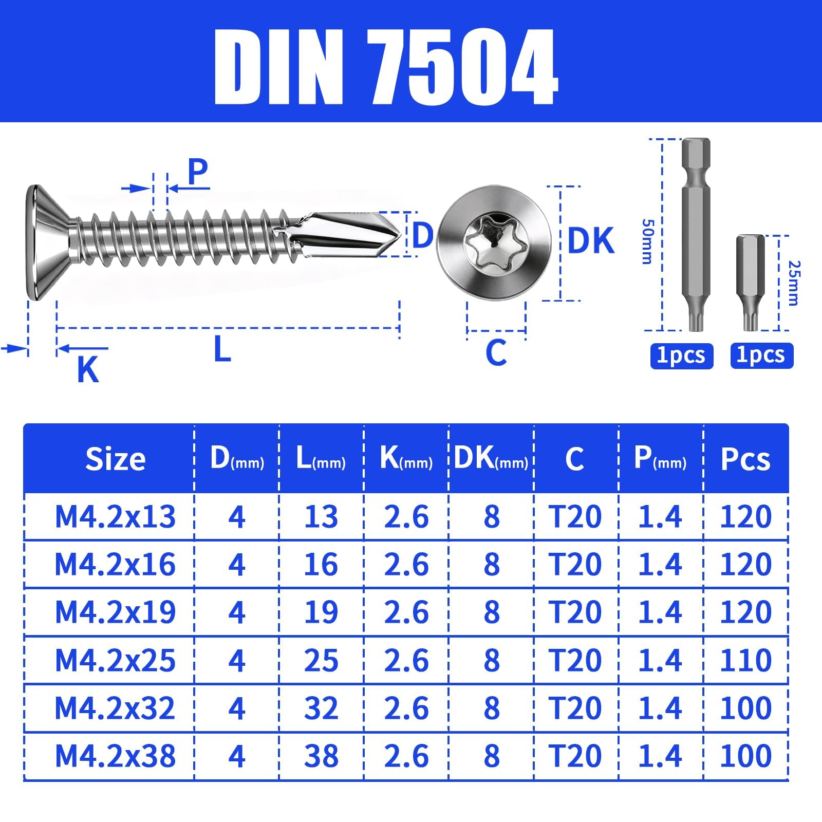 100 szt wkręty śrubowe Torx, wkręty samogwintujące z łbem wpuszczanym M4,2x32 mm, wkręty samowiercące ze stali nierdzewnej 410, wkręty do blach DIN 7504 z łbem płaskim, wkręty samowiercące do