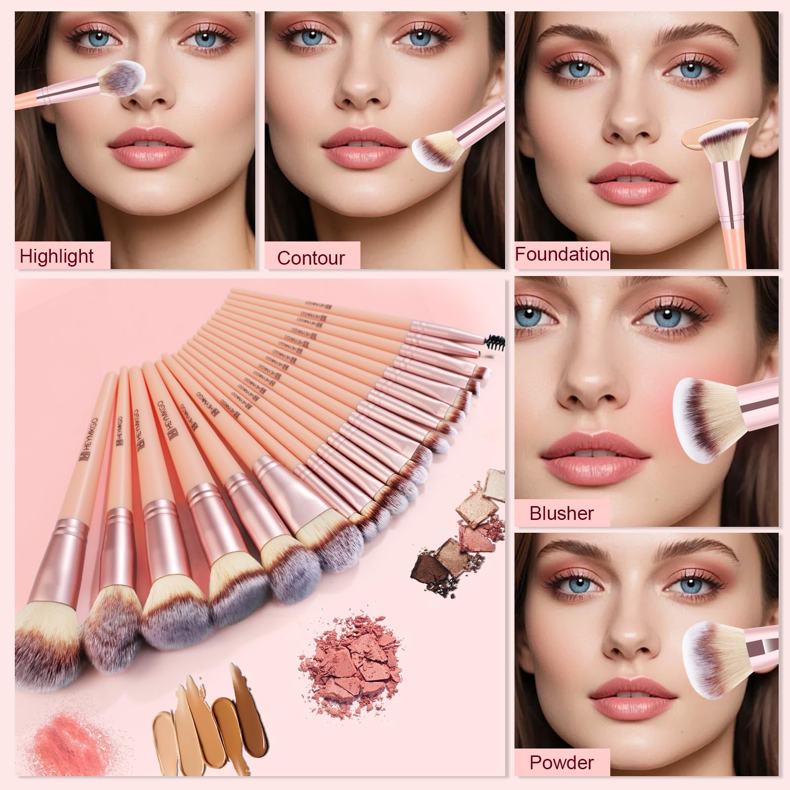 HEYMKGO Pennelli Make Up 43 Pezzi Set Pennelli Make Up Con Borsa Spugnette Trucco Make Up Setole Sintetiche di Alta Qualità Fondotinta Kabuki Cipria Correttori Fard Ombretto Illuminante Sopracciglia