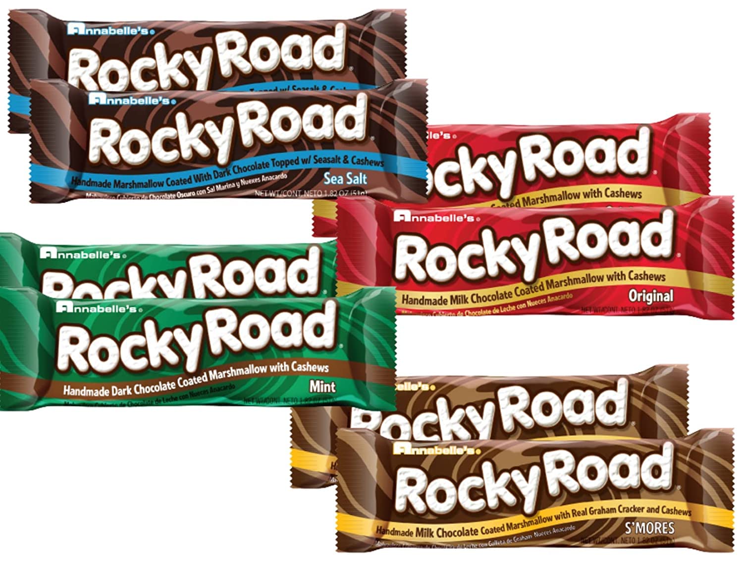 Rocky Road Chocolate Candy Bar Variety EIGHT Pack - Original, Smores, Mint and Sea Salt (2 bars of each flavor)