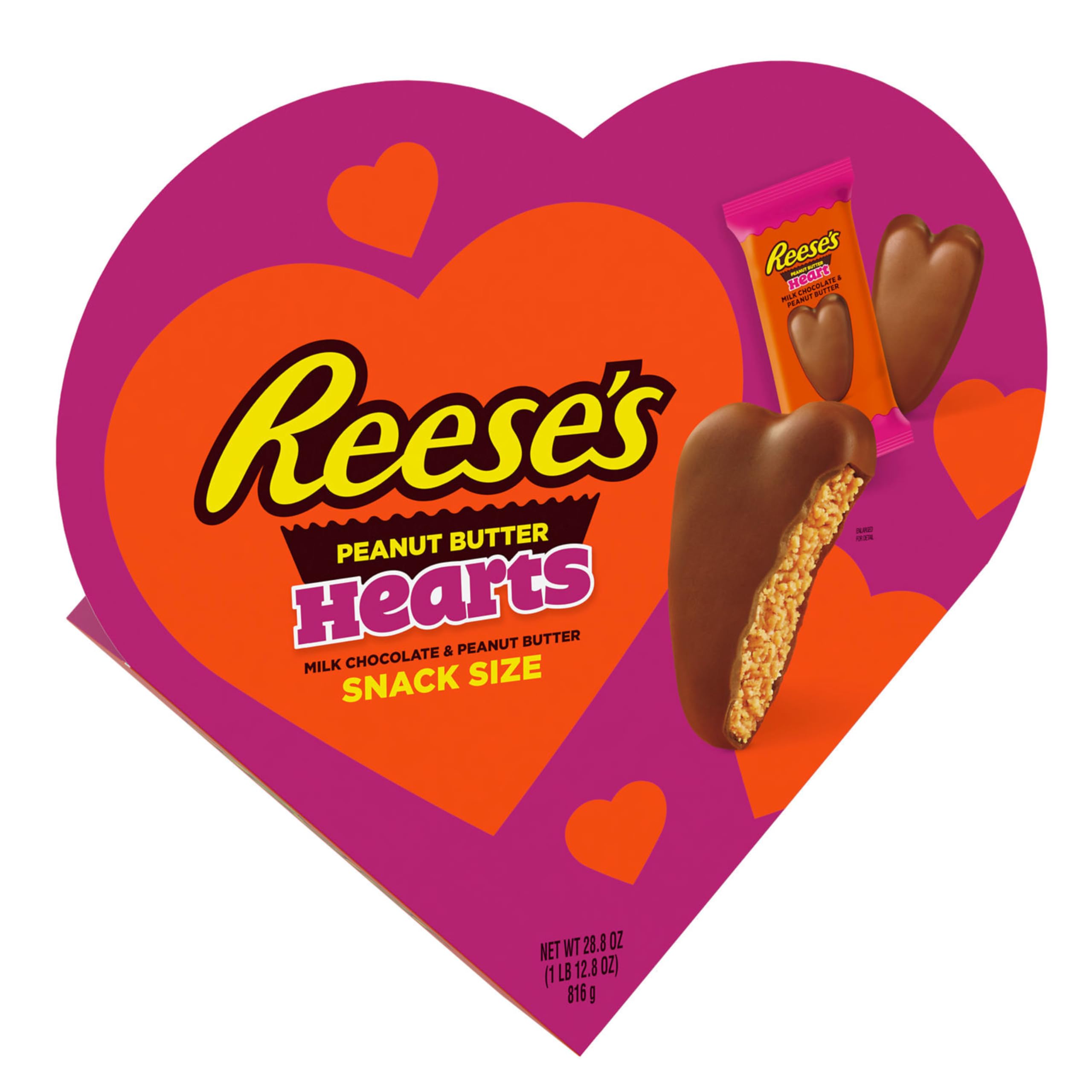 REESE'S Milk Chocolate Snack Size Peanut Butter Hearts, Valentine's Candy Gift Box, 28.8 oz