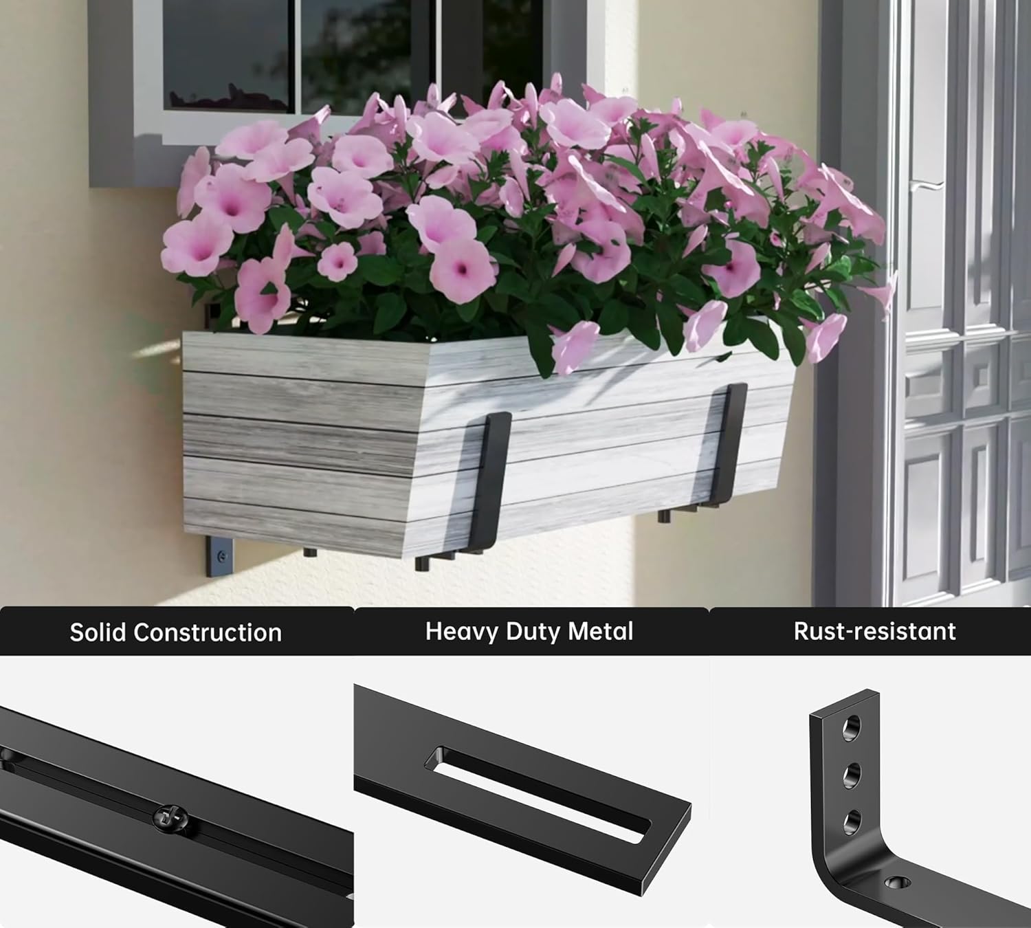 Y&M 6 Pack Adjustable Planter Box Brackets (6 to 12.5 in), Universal Window Box Brackets, Heavy Duty Iron Flower Box Wall Mounting Hooks for Balcony, Fences, Patio, and Garden - Black
