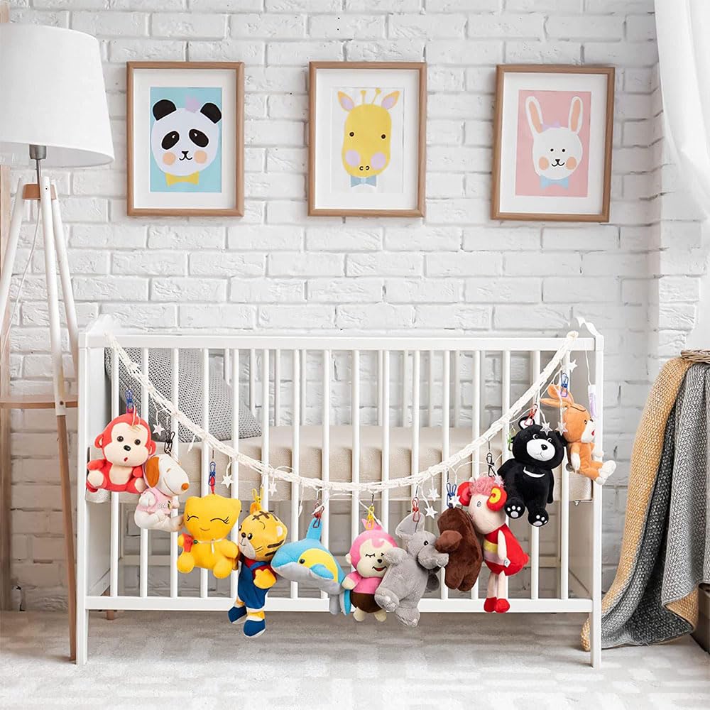 Kuscheltier Aufbewahrung, 2M Handgeflochtenes Seil mit 18 bunten, großen, nicht scharfkantigen Clips, Bohemian-Stil, Seil für Schlafzimmer, Kinderzimmer, Dekoration, Stofftier Aufbewahrung