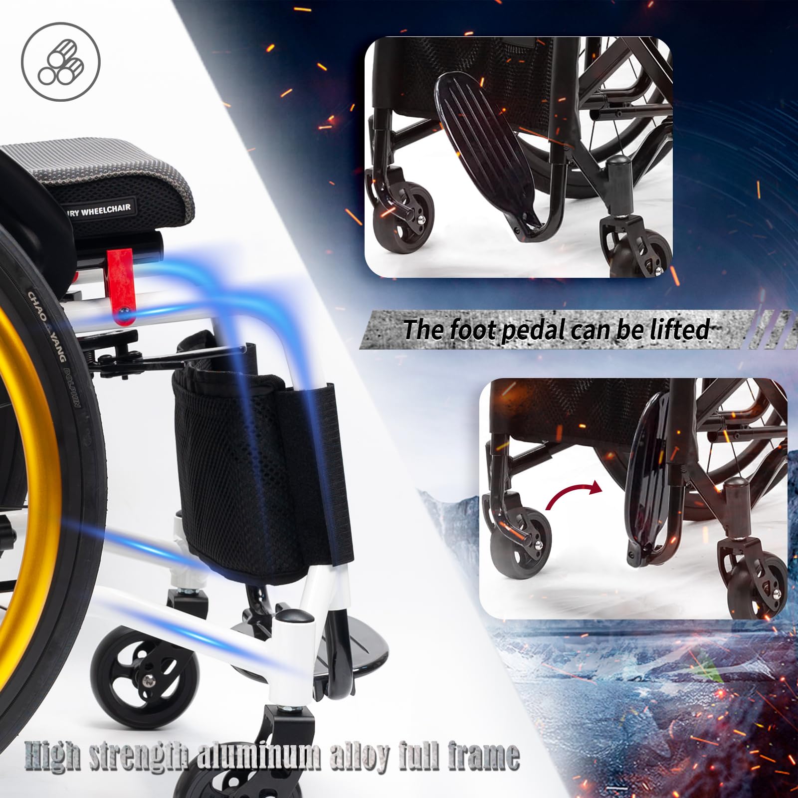 Sedia a rotelle Pieghevole,per Anziani e disabili,Sedia A Rotelle in Alluminio Pieghevole,con Freno a Mano e Ruote Posteriori a sgancio rapido,Leggera, Sportiva, Pieghevole(15.7in Seat Width)