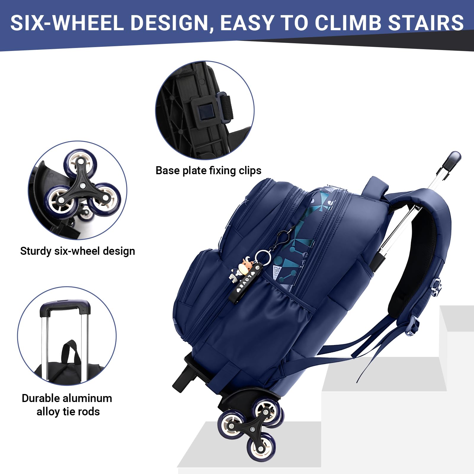 Amythe Mochila Escolar para Niños y Niñas con Carro 6 Ruedas, Azul | Mochilas Colegio Primaria para Chicos 6-12 años con Ruedas, Mochila Infantil+Trolley para Viajar y Escuela, Vuelta al cole