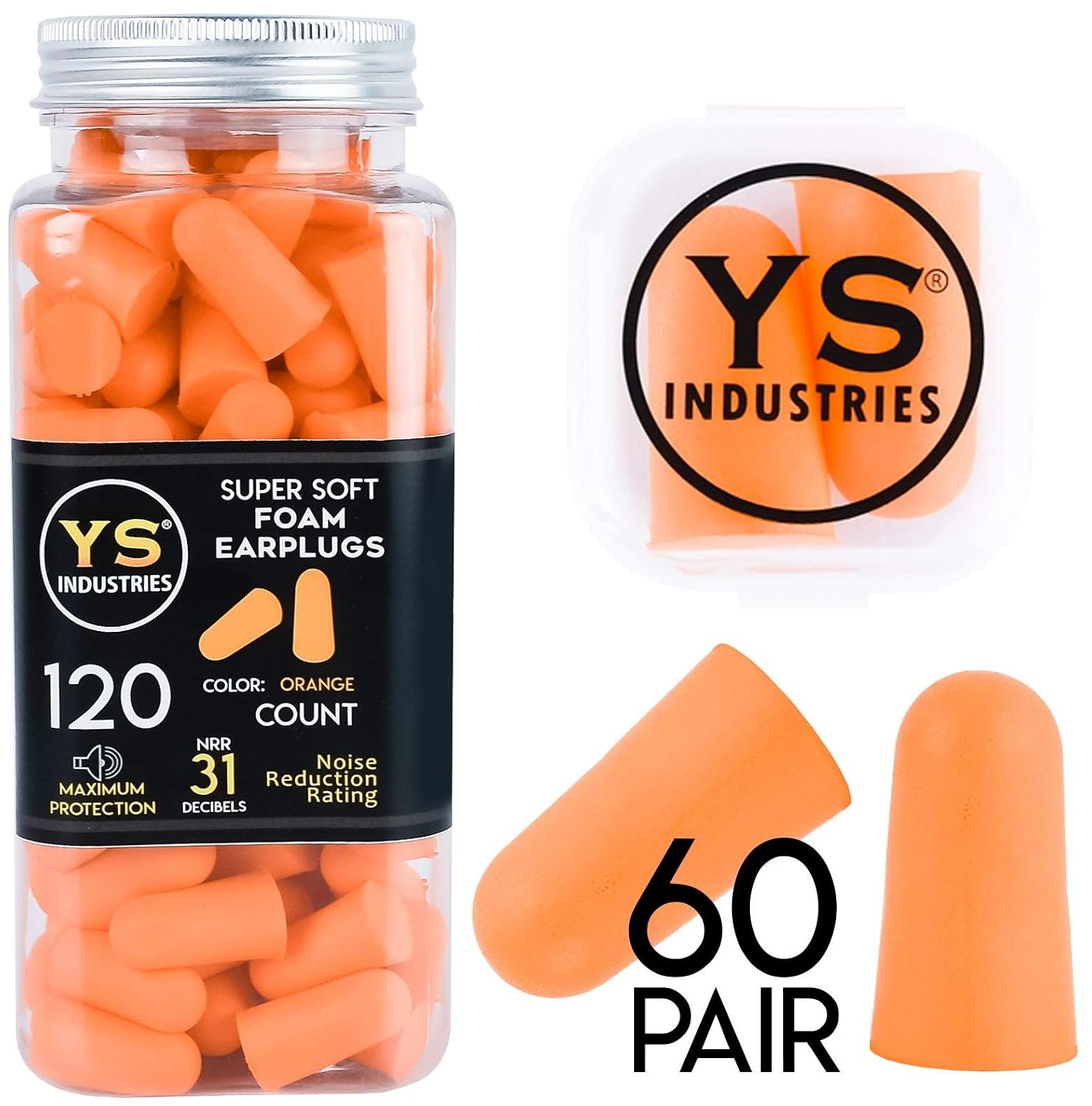 YS Industries Foam Earplugs Sound Blocking Orange Ear Plugs Hearing Protection Ultra Comfortable, 60 Pairs with Cary Case - 31dB Noise Reduction Rating for Sleeping, Snoring, Travel, Shooting and Work
