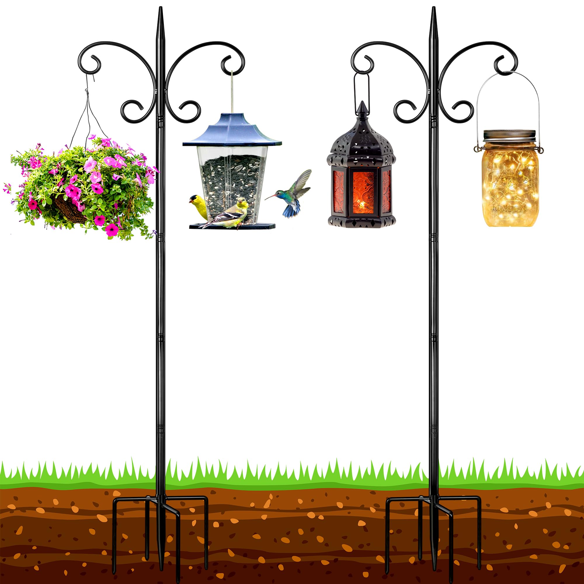 Alyoen Shepherd Hooks for Outdoor - 76 Inch Heavy Duty Bird Feeder Pole with 5 Prongs Base, Garden Hooks for Hanging Plant Baskets, Hummingbird Feeder, Bird Feeders Stand for Outside (1 Pack, Black)-picture-23