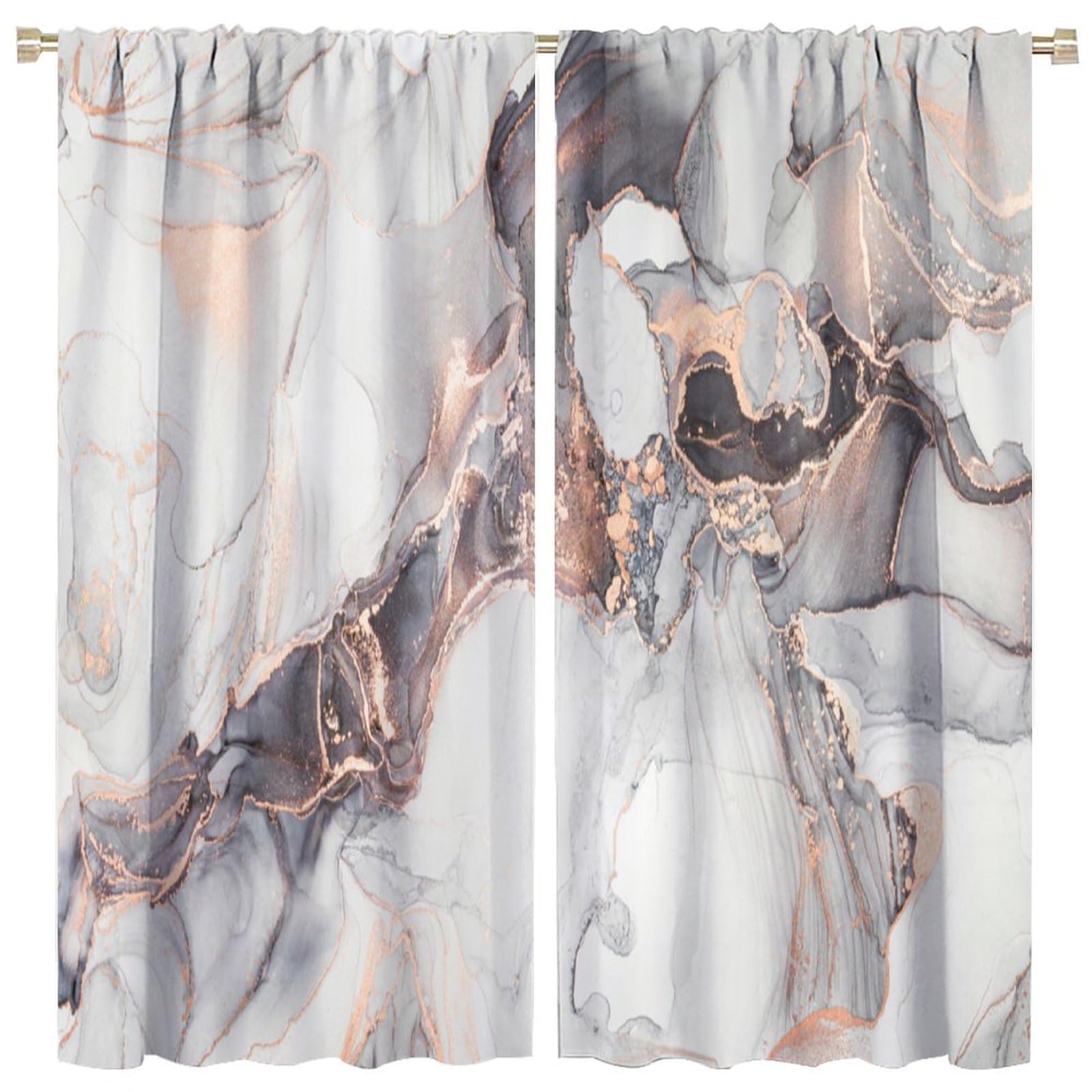 HZOHNAGO Marble Curtain Gery Black Marble Golden Texture Blackout Print Rod Pocket Window Drapes for Bedroom Living Room 63x63in