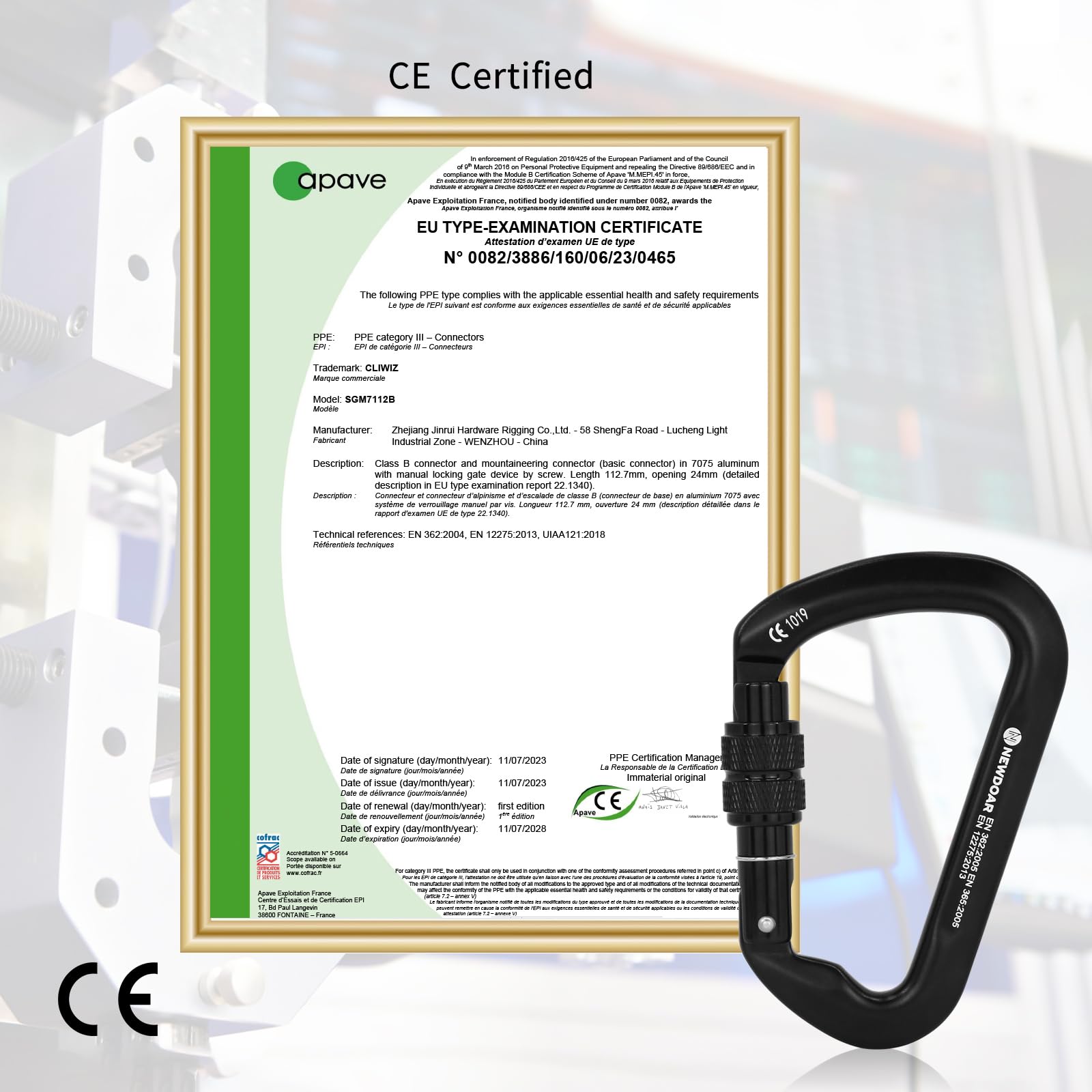NewDoar Certyfikat CE 30kN-3,059.0 kg Karabińczyk wspinaczkowy profesjonalny, wytrzymały klips do bramy śrubowej D, do wspinaczki, zjazdu, polowania, ratownictwa
