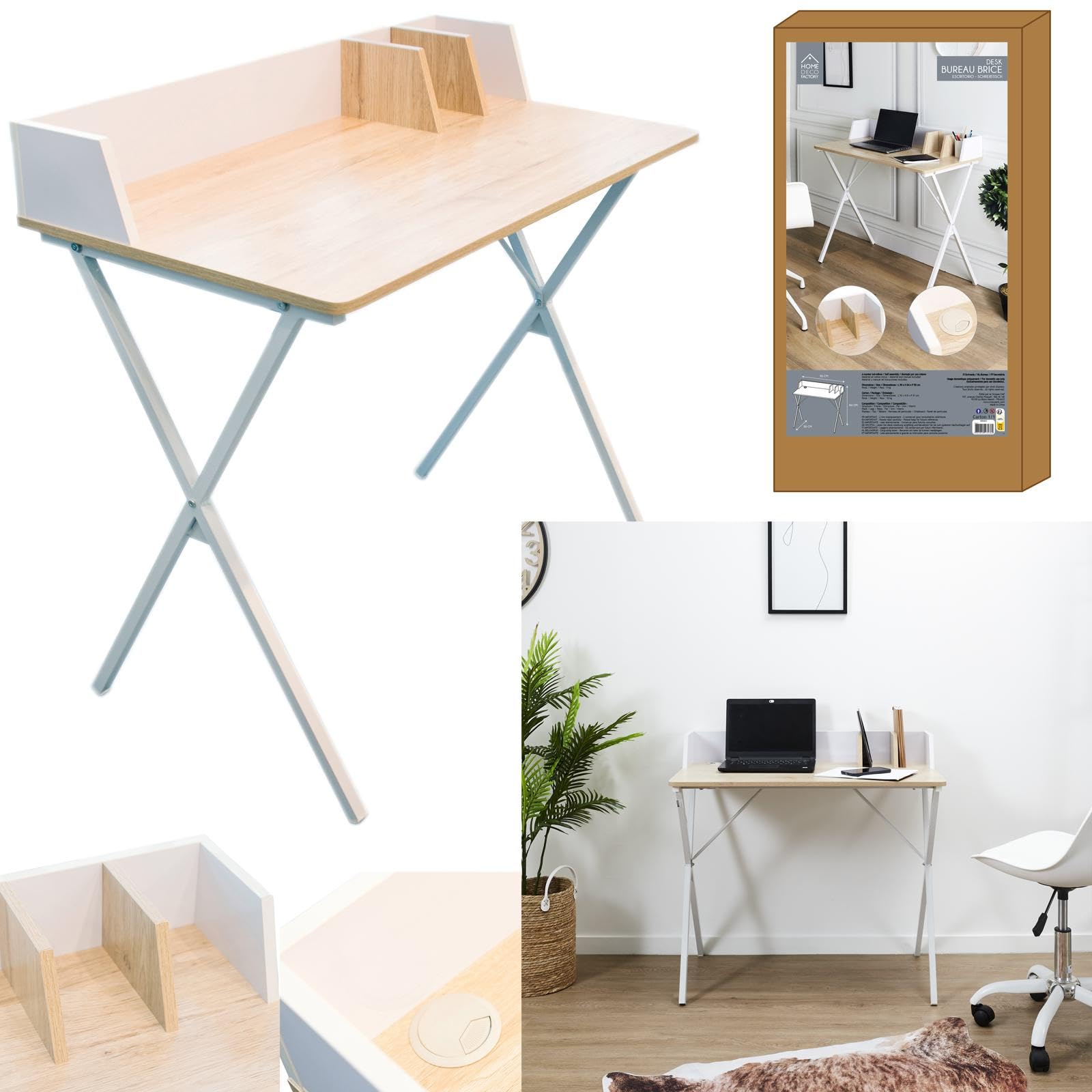 HOME DECO FACTORY Bureau Brice Moderne Télétravail Design Épuré Blanc | Acier et bois, bureau Brice, table de travail moderne, télétravail, design épuré, robuste, 84x90x50 cm, blanc