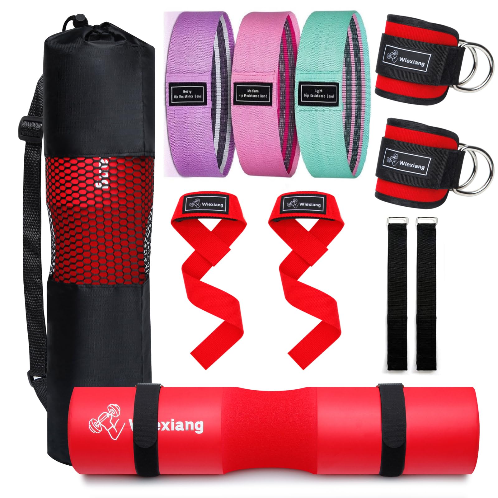 Wiexiang 8Pcs Barbell Pad Set for Squat, 1Hip thrust pad, 2 Lifting Straps, 2 Ankle Strap For Cable Machine, 2 Squat Pad Safety Straps and Carry Bag, Gym equipment Gym accessories for women