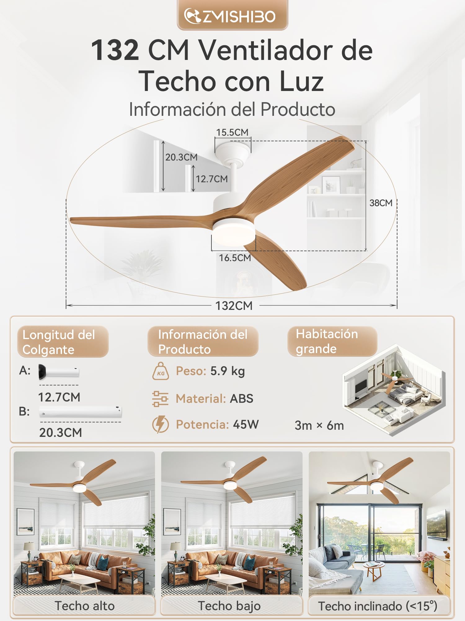 ZMISHIBO Ventilador de Techo con Luz 132cm,3 Aspas ABS Efecto Madera,Motor DC Silencioso,3CCT 3000K-6000K,6 Velocidades,Inversión Verano/Invierno, Control APP y Mando,Temporizador2/4H