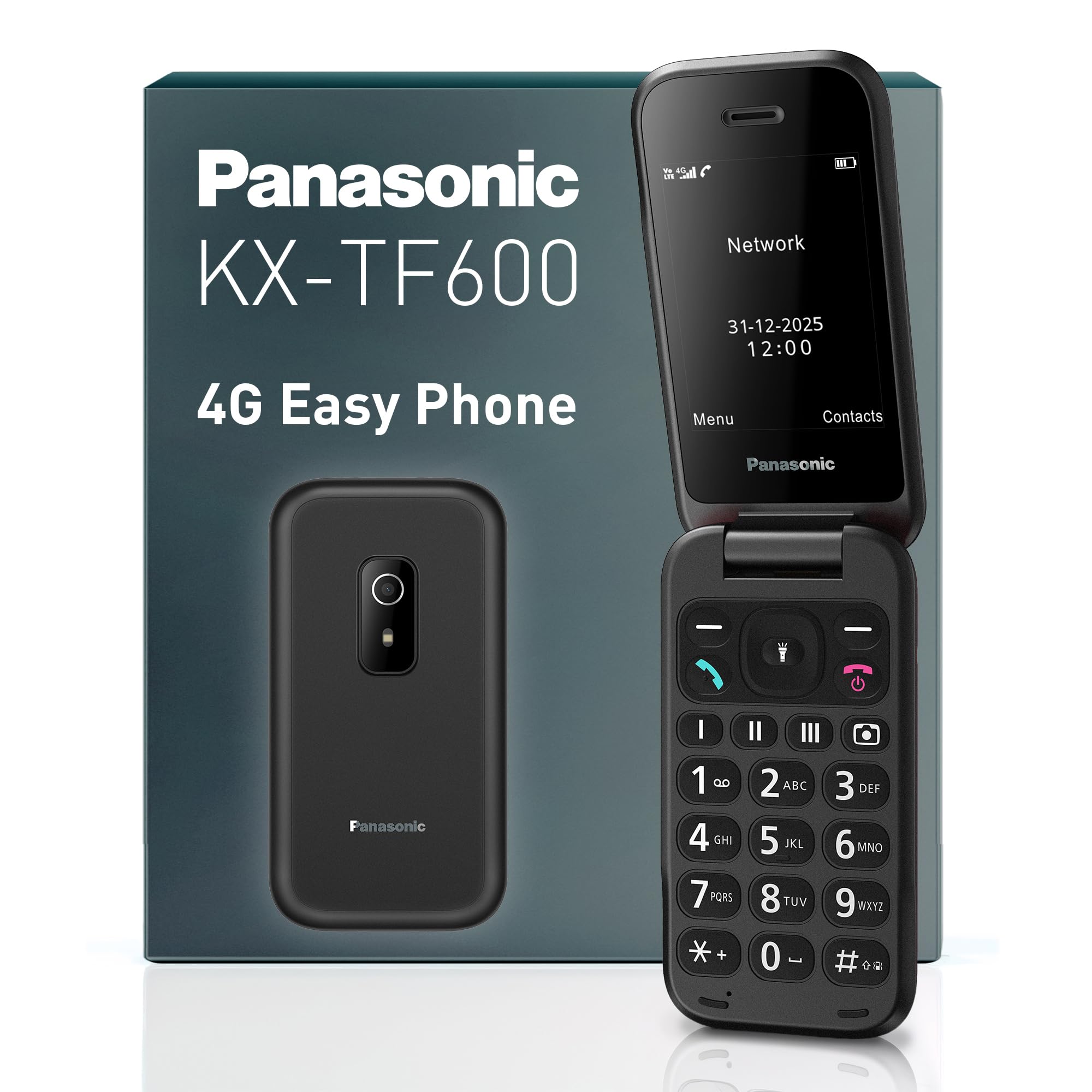Panasonic KX-TF600 4G Easy Phone, Volte Klare Anrufe, 290 Stunden Standby, USB-C Schnellladung, 2,8" Display, Bluetooth, LED Taschenlampe, IP44 Wasserdicht, Beleuchtete Tasten, Schwarz