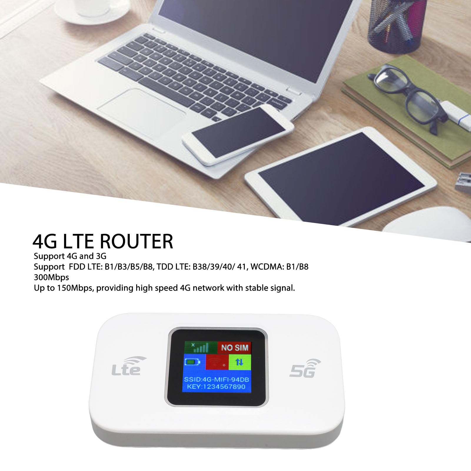 lyrlody Enrutador 4G Portátil, Punto de Acceso WiFi Móvil Módem WiFi 4G LTE de 300 Mbps con Ranura para Tarjeta SIM, para hasta 10 Dispositivos Compatibles con Teléfono, Tableta y