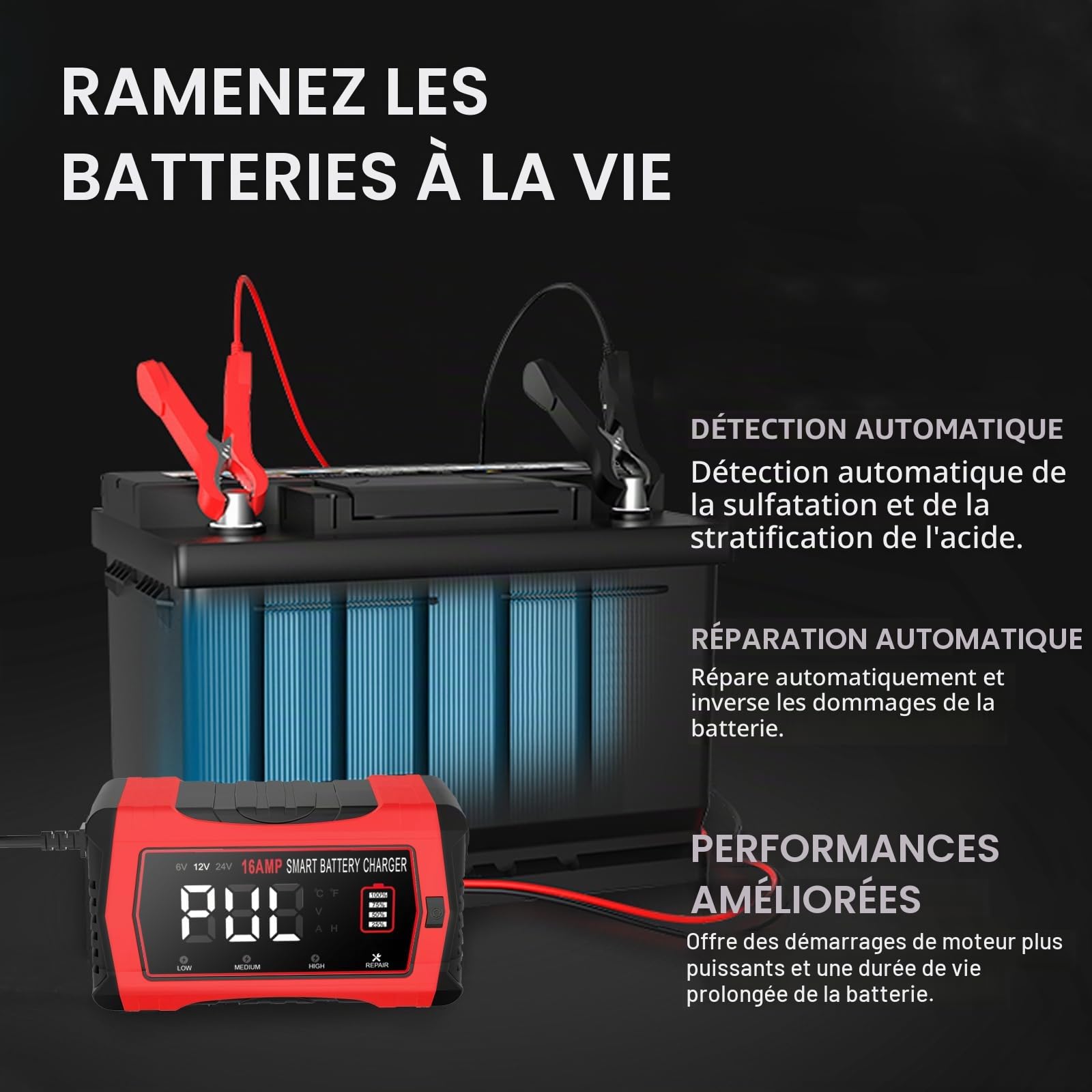 Chargeur de batterie de 16 A, chargeur de batterie de voiture au lithium LiFePO4 12 V 24 V au plomb – Chargeur de batterie intelligent à 10 étapes avec compensation de température pour voiture, camion