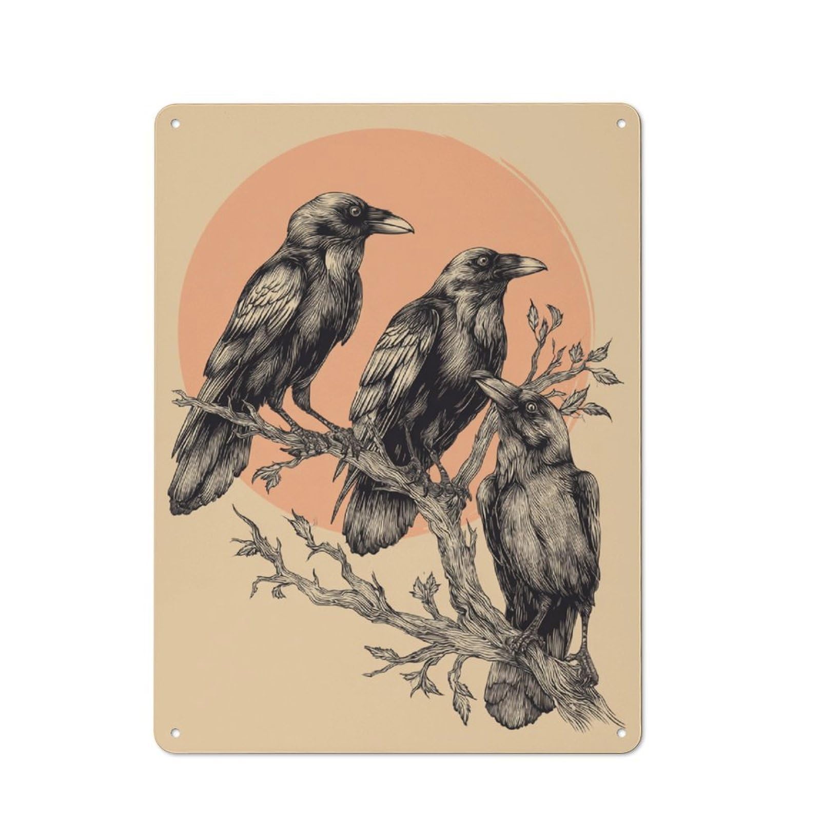 Junmoney Raven Trio Perched Retro Vintage Metal Sign 40X30cm, Restaurant Wall Art For Coffee Bar, Small Shop Or Dining Room