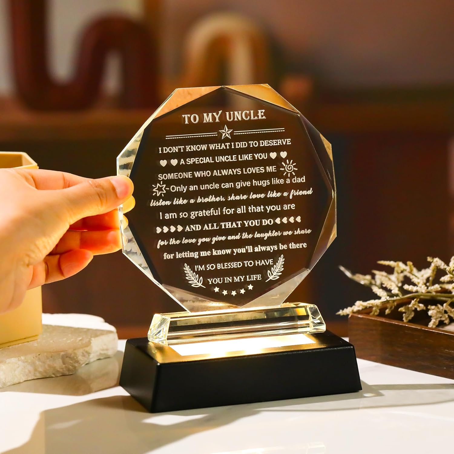 YWHL Meaningful Gifts for Uncle from Niece Nephew with Colorful LED Base, Fathers Day Birthday Gifts for Uncles Crystal Keepsake Present Best Uncle Ever Gifts on Christmas Thanksgiving Day - Image 5