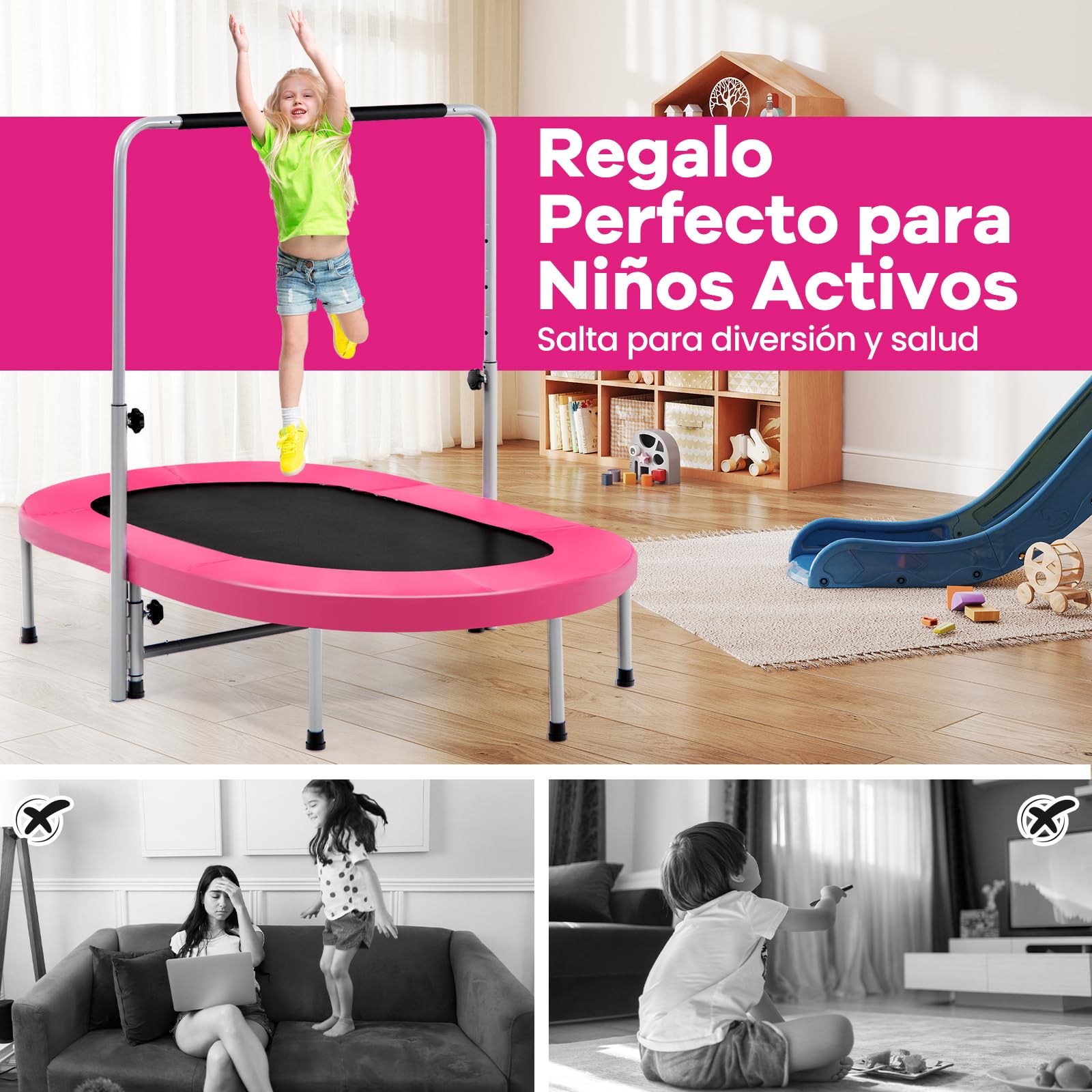 COSTWAY Cama Elastica para 2 Personas, Trampolin de Fitness Plegable con Mango Ajustable en 5 Niveles, Trampolín para Niños y Adultos con Capacidad de 150 kg, para Hogar y Gimnasio, 65 x 154 x 132 cm