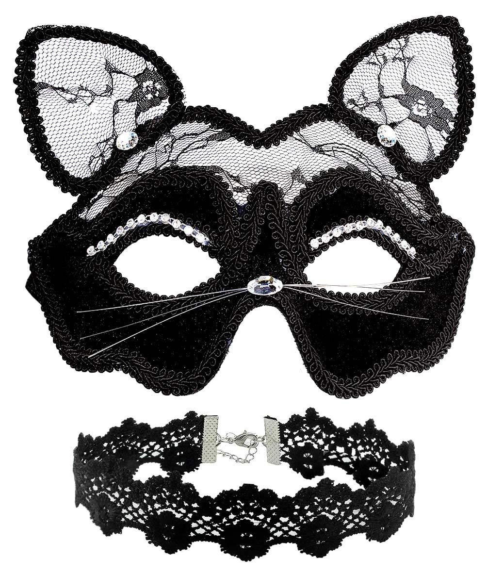 OLYPHANBlack Cat Costume for Women with Sexy Lace Masquerade Mask, Lace Cat Women Ears & Kitty Necklace, Mask and Ears Adults/Adult Halloween Accessories
