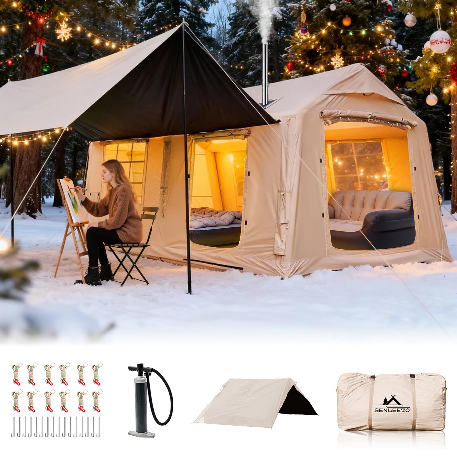 SENLEETO 8/10/12 Person Large Inflatable Tents for Camping, 4 Season Blow Up Tents with Canopy/Rainfly, Luxury Inflatable Tent House with Stove Jack,