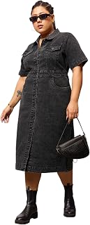 Sassafras Curve Women's Black Denim Acid Wash Front Button Shirt Dress-3XL Price In India